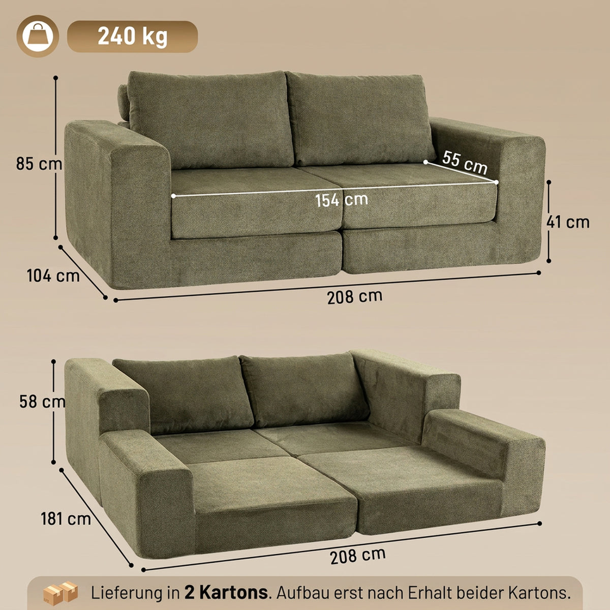 HOMCOM Schlafsofa 4-in-1 Schlaffunktion ausziehbar Klappsofa Kissen 2 Sitzer Grün – Produktabbildung 3
