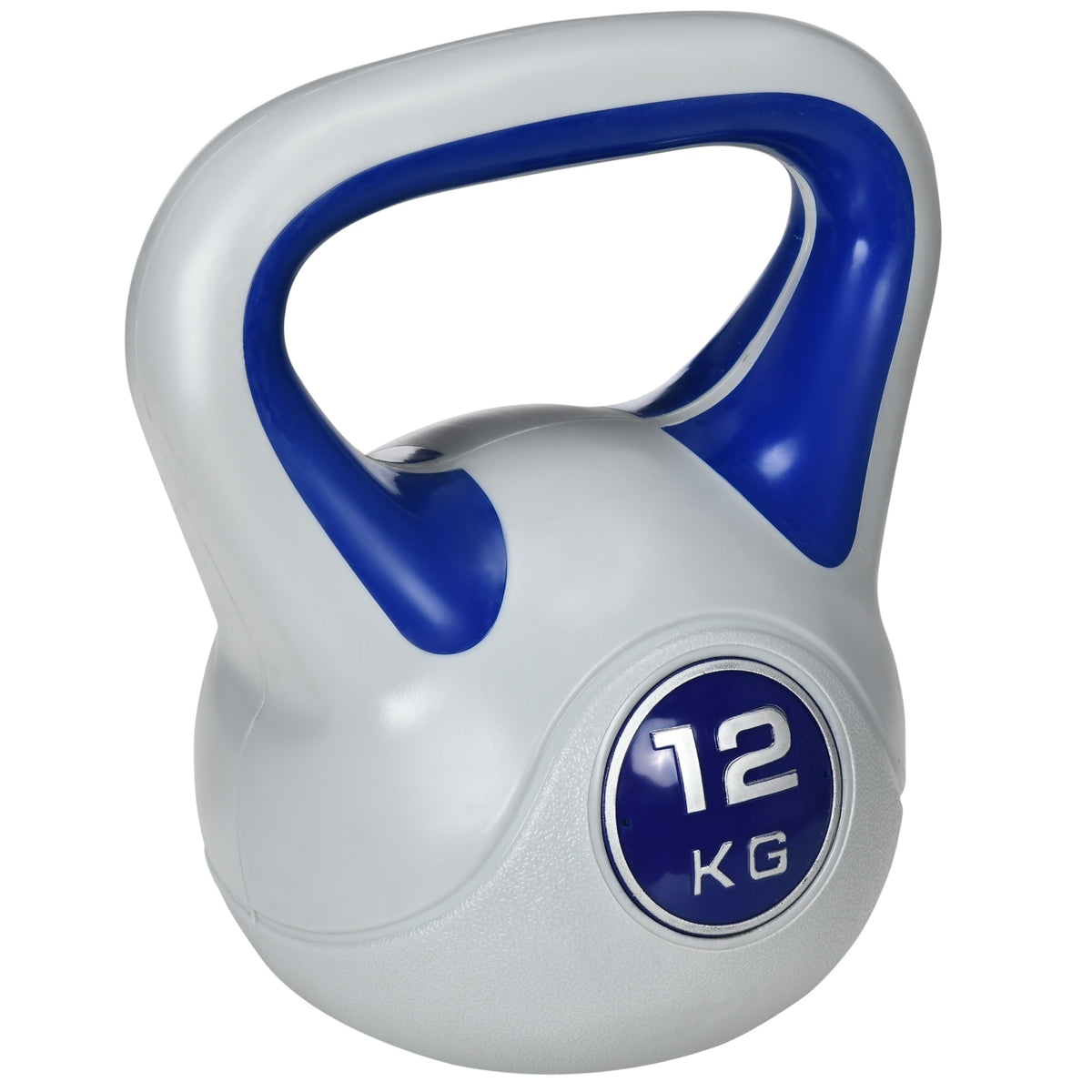 Kugelhantel, Kettlebell, 12 kg, flache Unterseite, großer Griff, Kunststoffmantel, blau, 26 x 17 x 29 cm