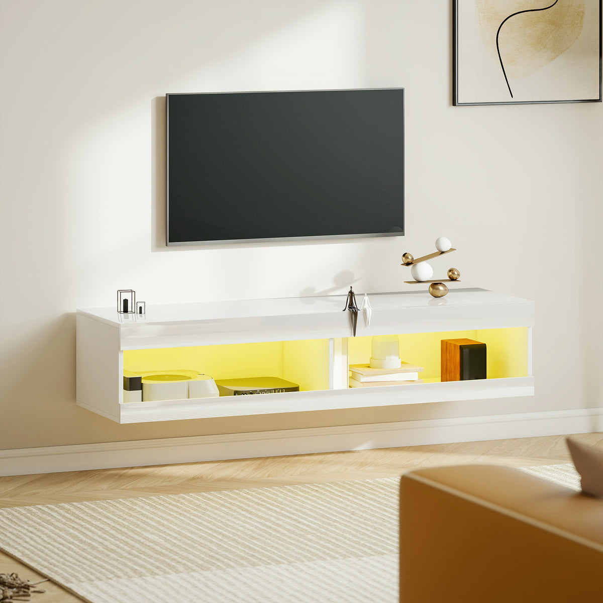 HOMCOM TV Schrank, Hängendes TV Lowboard mit RGB LED-Beleuchtung in 16 Farben, TV Ständer mit offenen – Produktabbildung 2