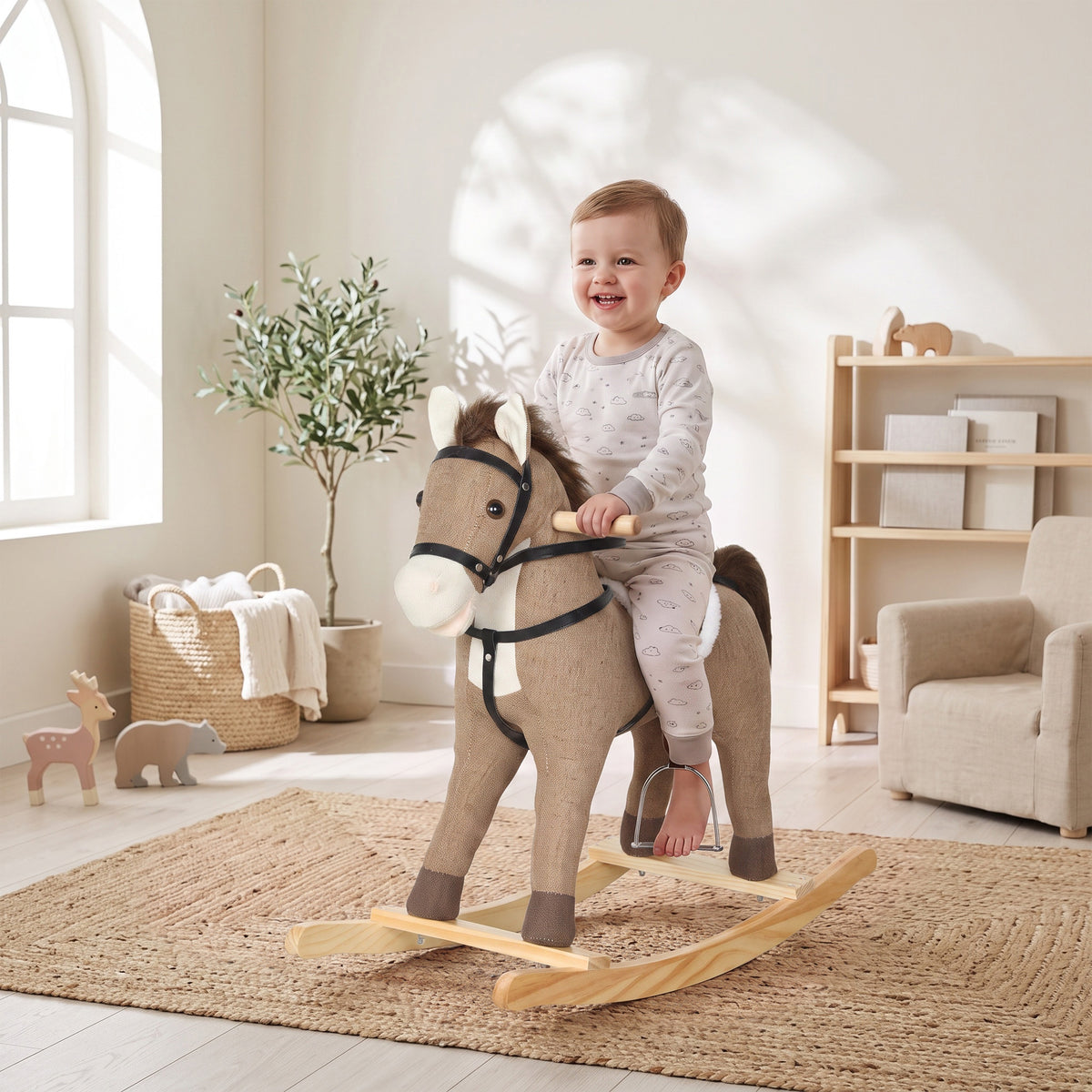 Schaukelpferd mit Sound und Sicherheitsgriffen, Reitpferd mit Holzgestell für Kleinkinder von 12–36 – Produktabbildung 2