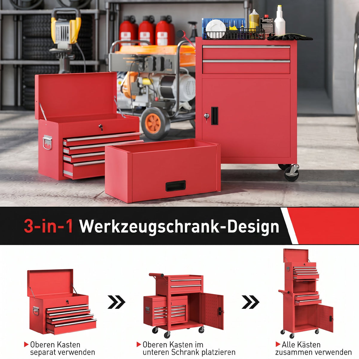 HOMCOM Rollbarer Werkzeugschrank, 6 Schubladen, 2 Schränke, Stahl, verschließbar, Rot – Produktabbildung 5