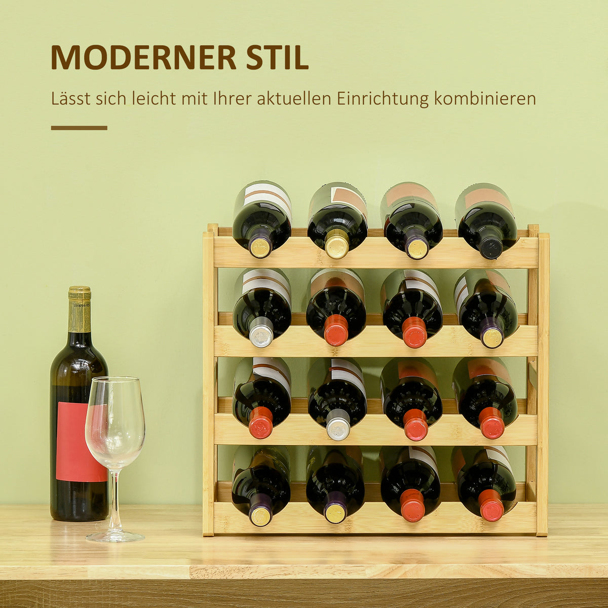 HOMCOM Weinregal aus Bambus für 16 Weinflaschen, 4 Regale, 43 cm x 23,5 cm x 38 cm Natur – Produktabbildung 4