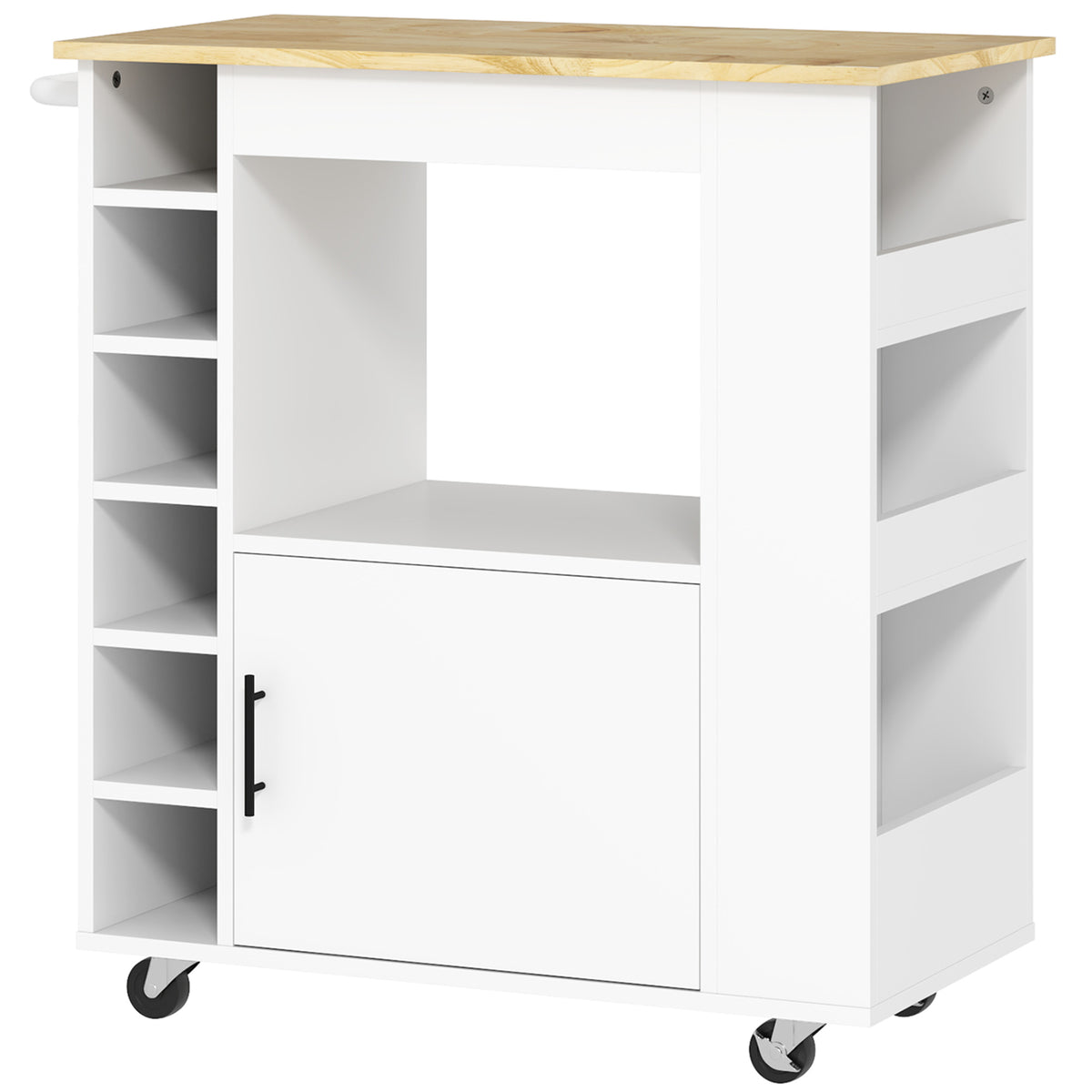 HOMCOM Küchenwagen, Rollbare Kücheninsel, Küchen-Trolley mit Fächern, Weinregalen, Schrank und Arbeitsfläche