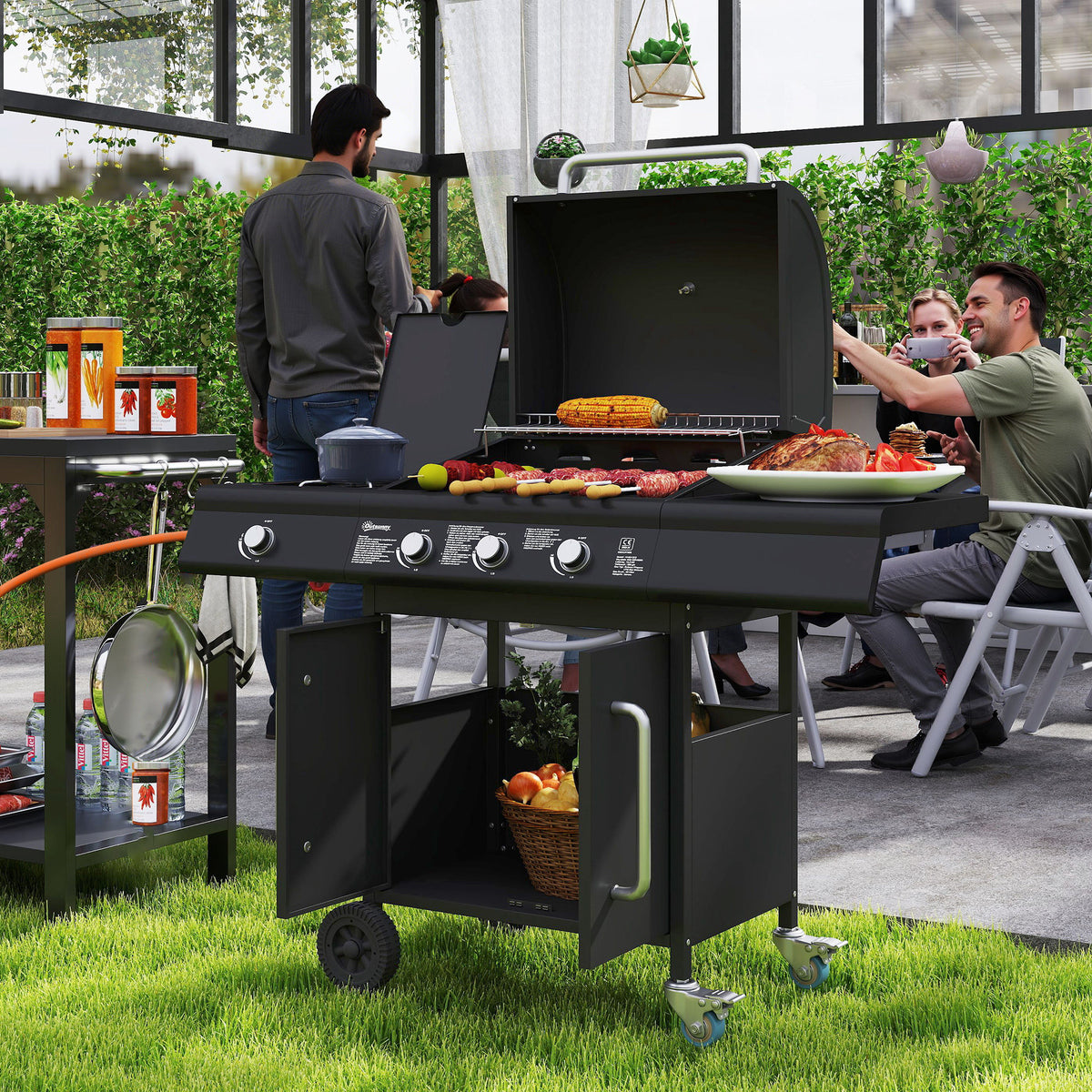Outsunny Fahrbarer Gasgrill mit Stauraum, Seitentisch, Seitenbrenner, Warmhalterost, Thermometer – Produktabbildung 2