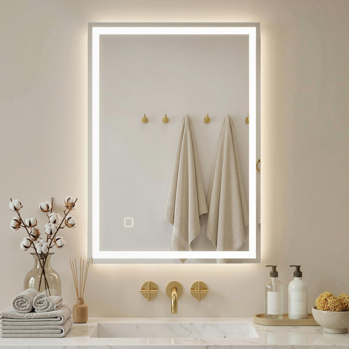 HOMCOM Badspiegel Badezimmerspiegel Wandspiegel LED´s. Berührungsschalter, Weiß – Produktabbildung 2