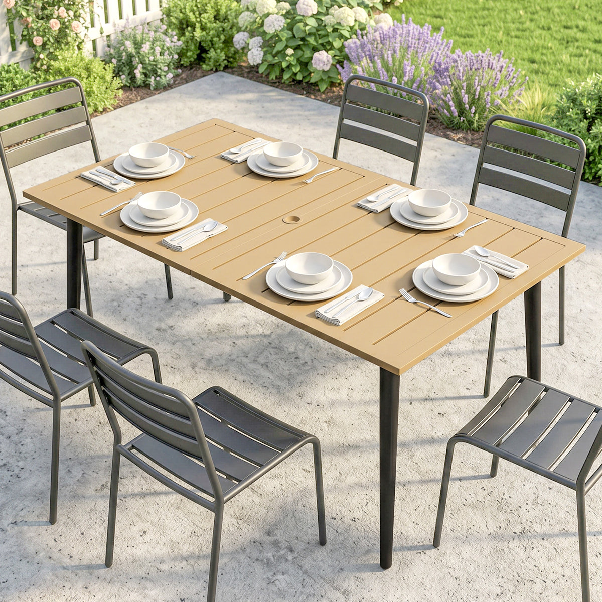 Outsunny Gartentisch 150x90cm, Wetterfest Balkontisch aus Stahl, Balkontisch mit Schirmloch Braun – Produktabbildung 2