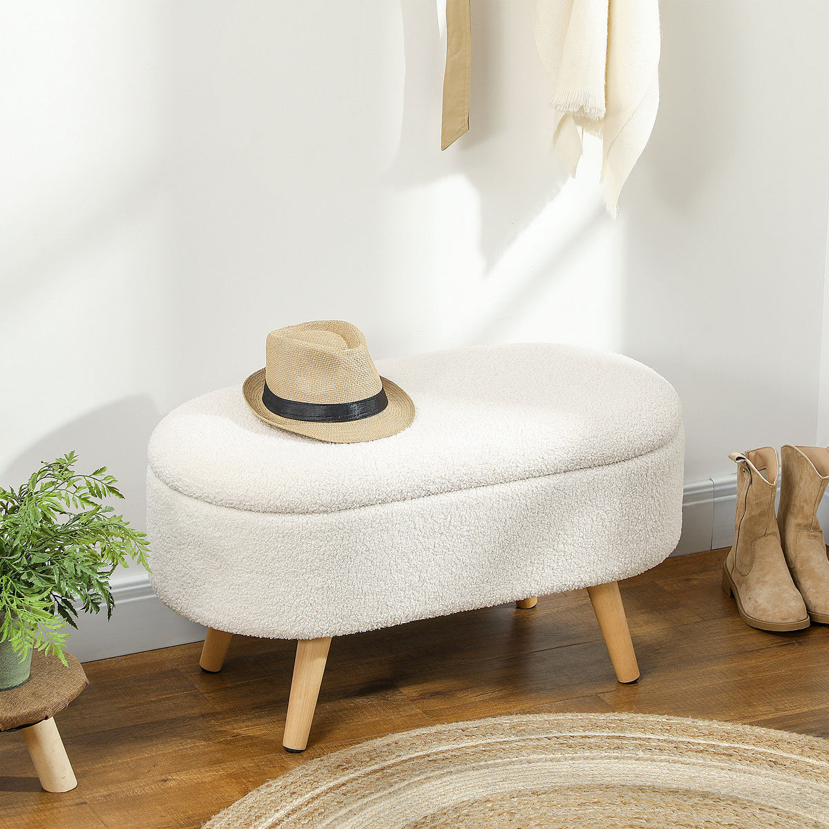 HOMCOM Sitzbank mit Stauraum und Deckel, Fußhocker für Flur, Wohnzimmer, Schlafzimmer, Holz, Stoffbezug – Produktabbildung 2