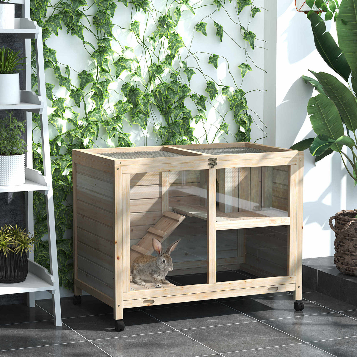 PawHut Kleintierstall mit 2 Ebenen 4 Rollen versiegeltes Tannenholz Natur – Produktabbildung 2