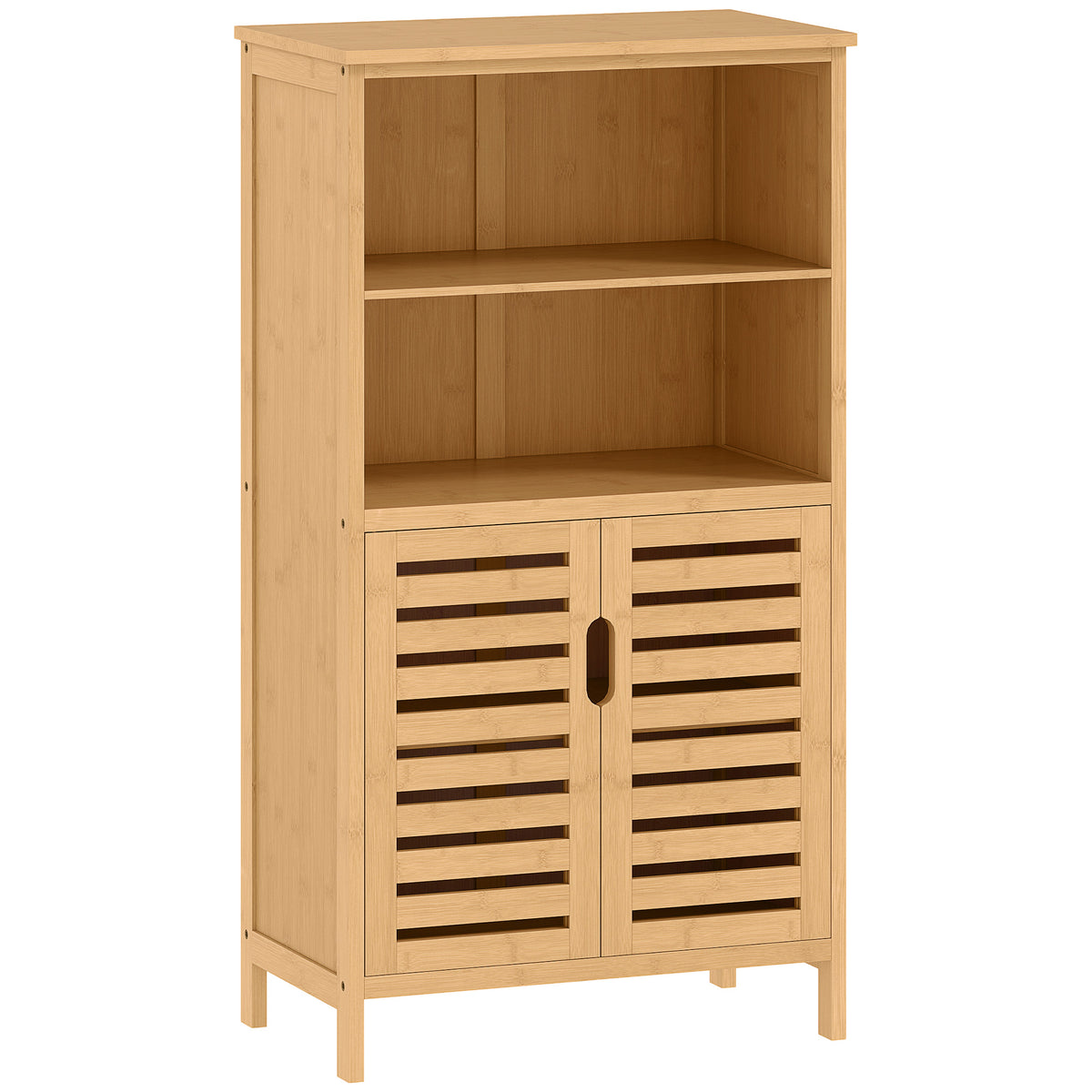 KleanKin Badezimmerschrank aus Bambus, mit Lamellentüren, 2 Regale, 1 Schrank, 50 cm x 29 cm x 92 cm, Natur