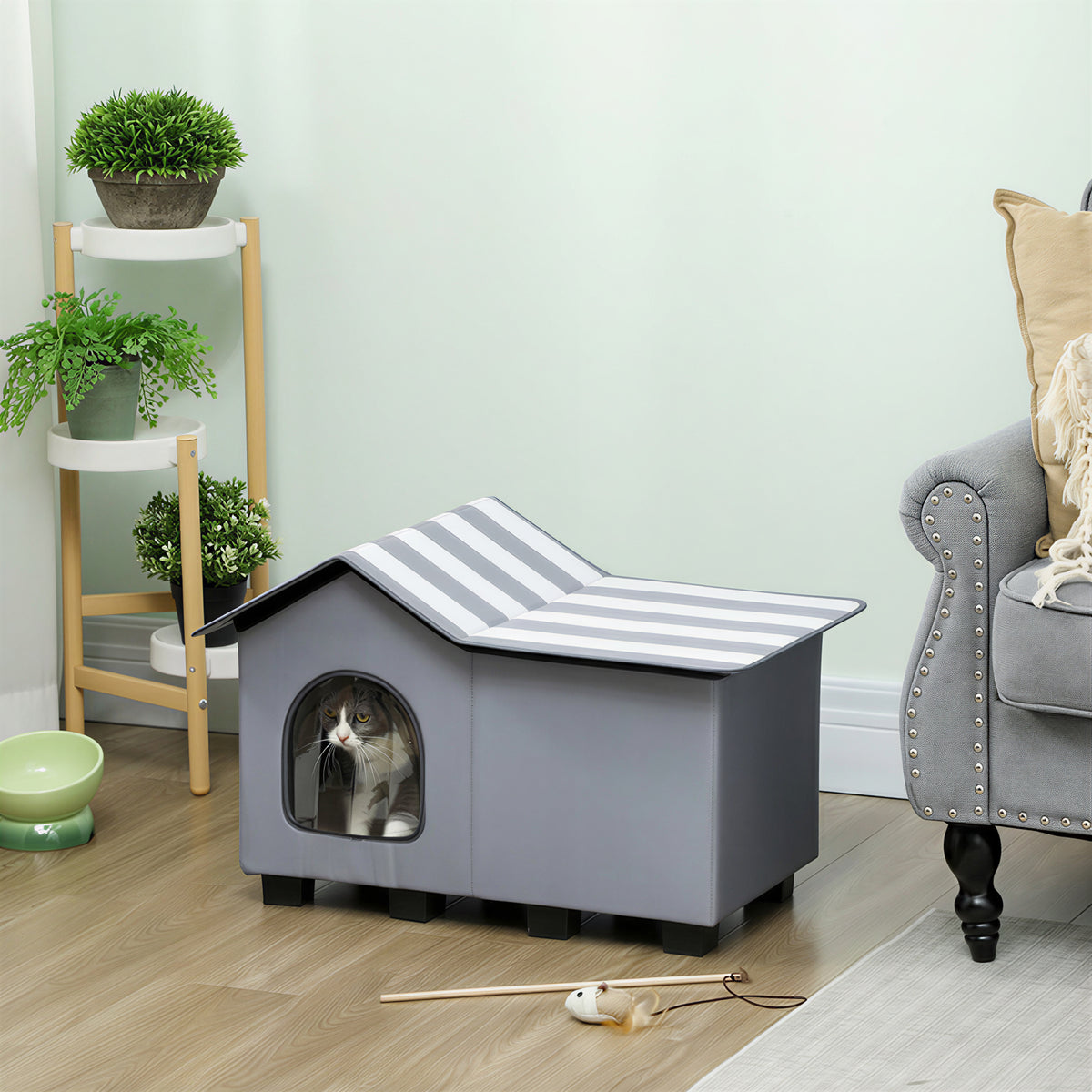 PawHut Katzenhaus Wasserabweisend Katzenhütte mit Abnehmbar Satteldach Wärmeisolierung Plattform – Produktabbildung 2