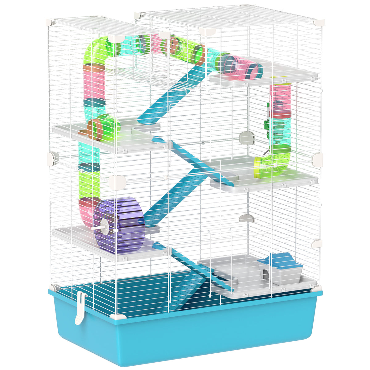PawHut 6-stöckiger Hamsterkäfig mit Röhren, Tunnels, Hütte, Laufrad, Futterschale, Wasserflasche, Rampen