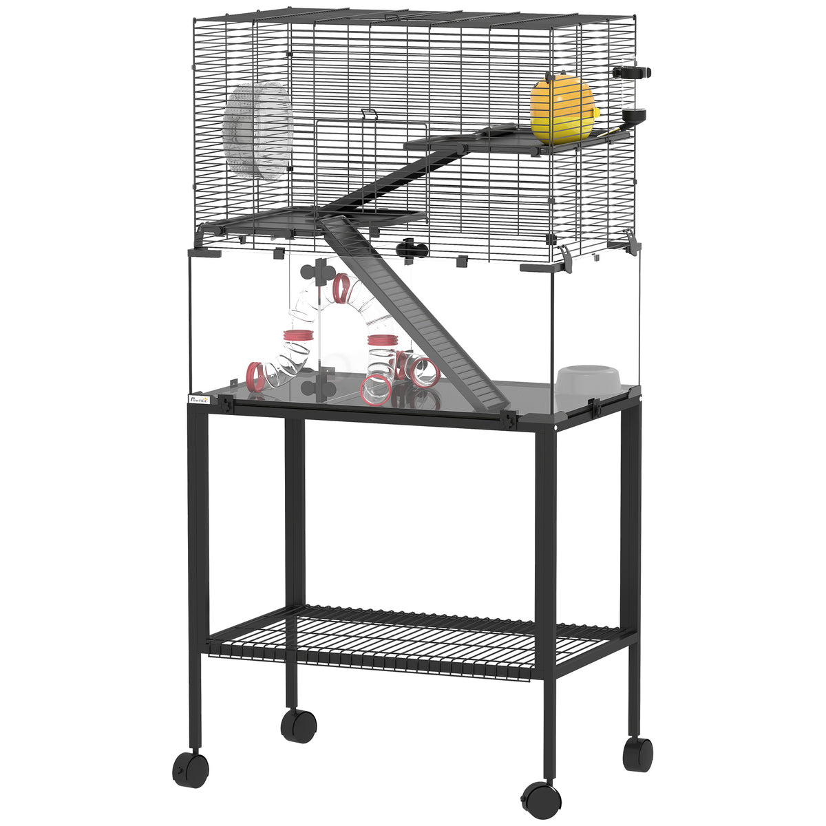 PawHut Hamsterkäfig, Kleintiergehege mit 3 Ebenen, Laufrad, Hütte, Plattformen, Rampen, Futterschale