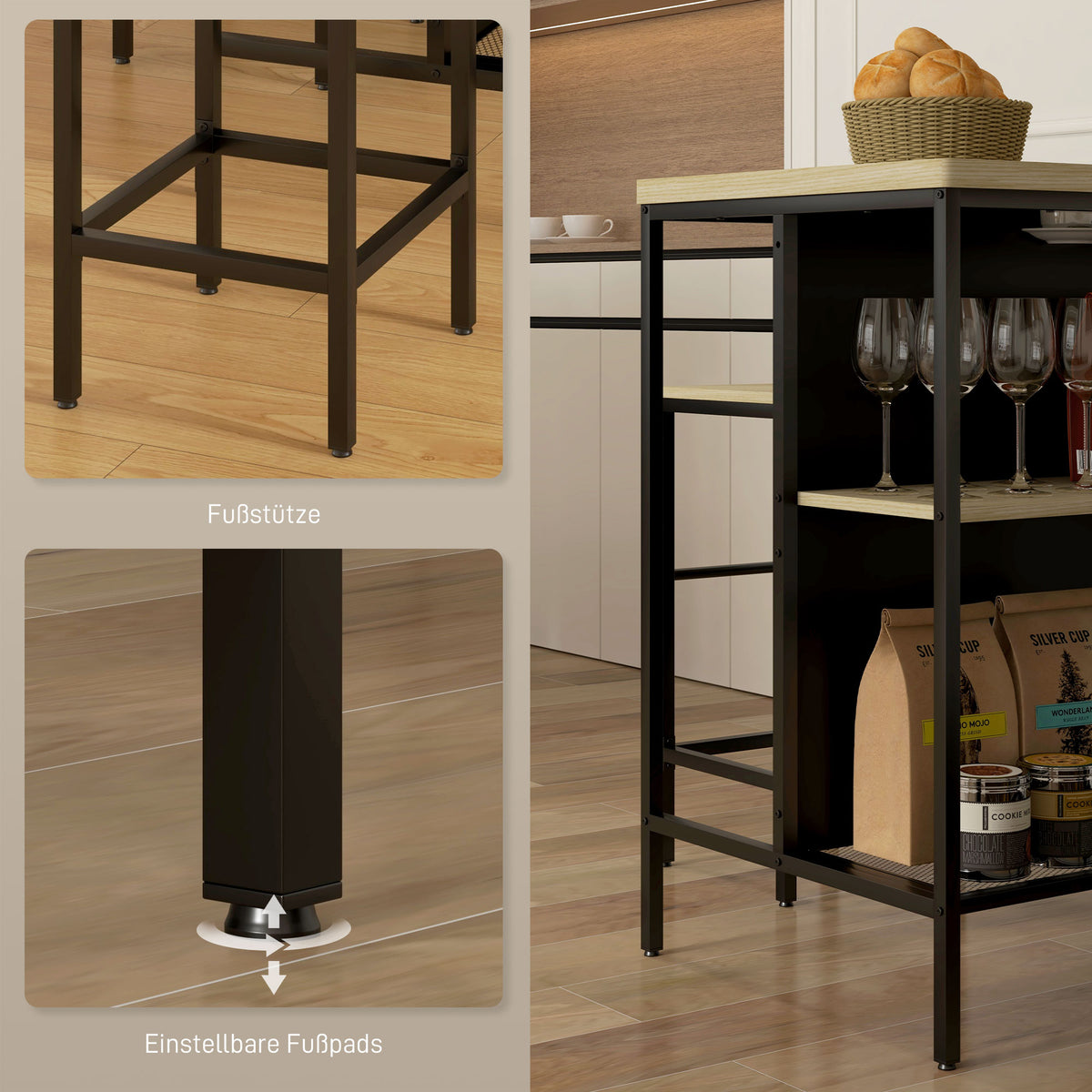 HOMCOM Bar-Set, 2 Barstühle & 1 Bartisch, fleckenresistent, stabil, Stahlrahmen, Schwarz/Eiche – Produktabbildung 7
