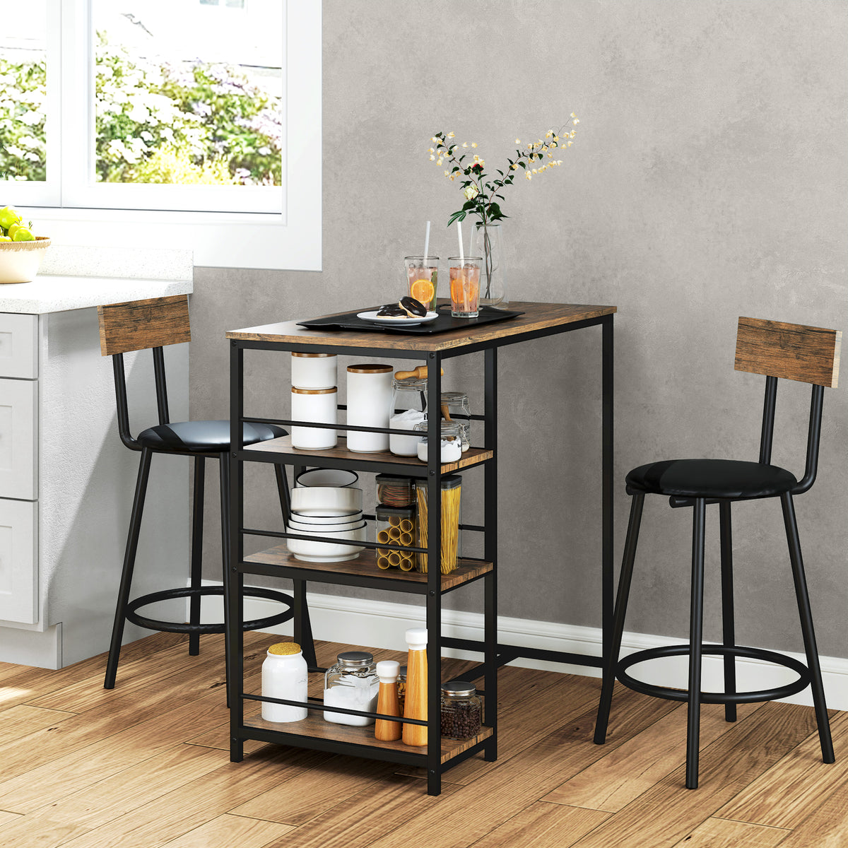 HOMCOM 3-teiliges Ess-Set mit Bartisch und 2 Stühlen, Kleines Küchenset mit seitlichen Regalen, MDF – Produktabbildung 2