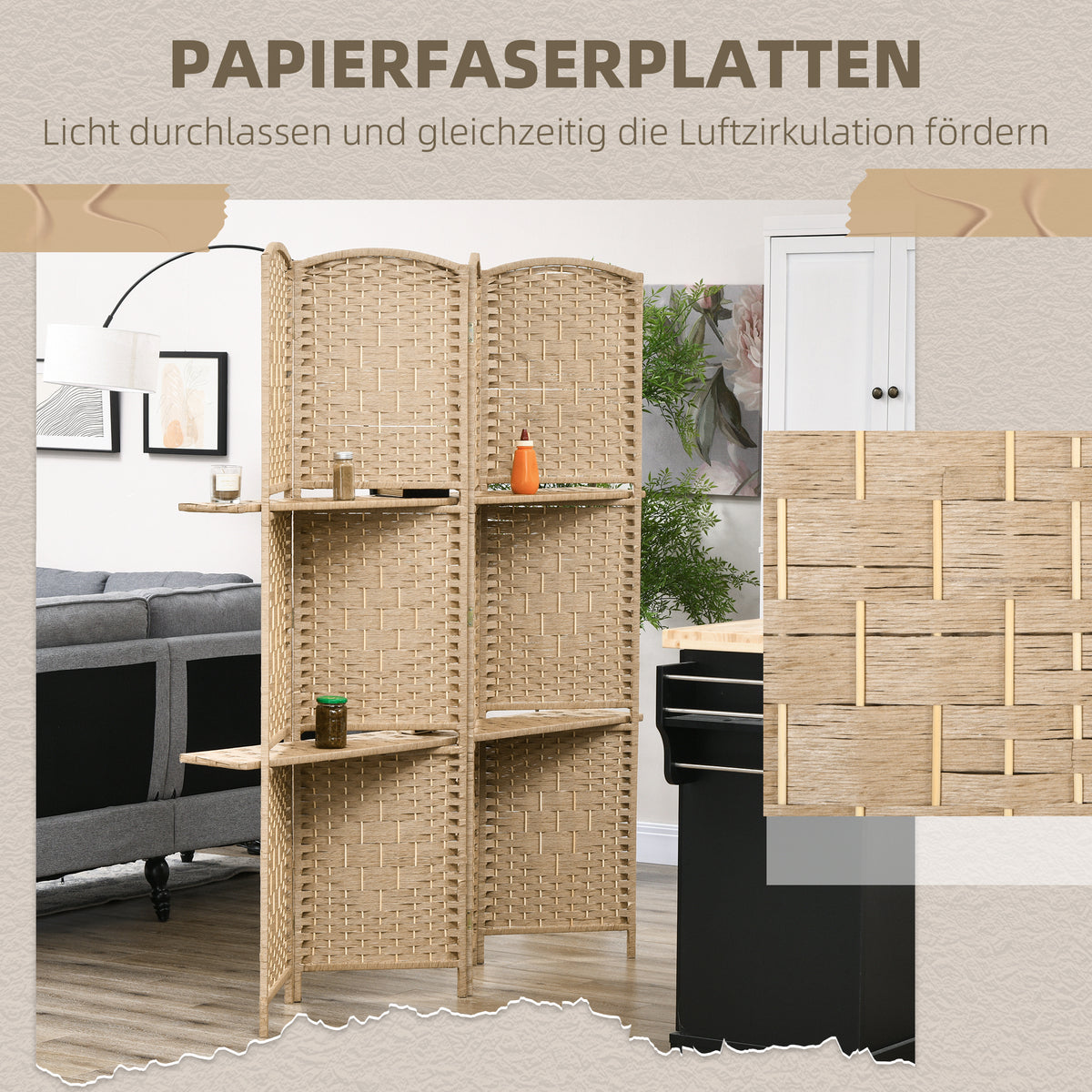 HOMCOM 4-teiliger Paravent, 160 x 170 cm, faltbare Trennwand mit 2 Regalen, Naturholz – Produktabbildung 6