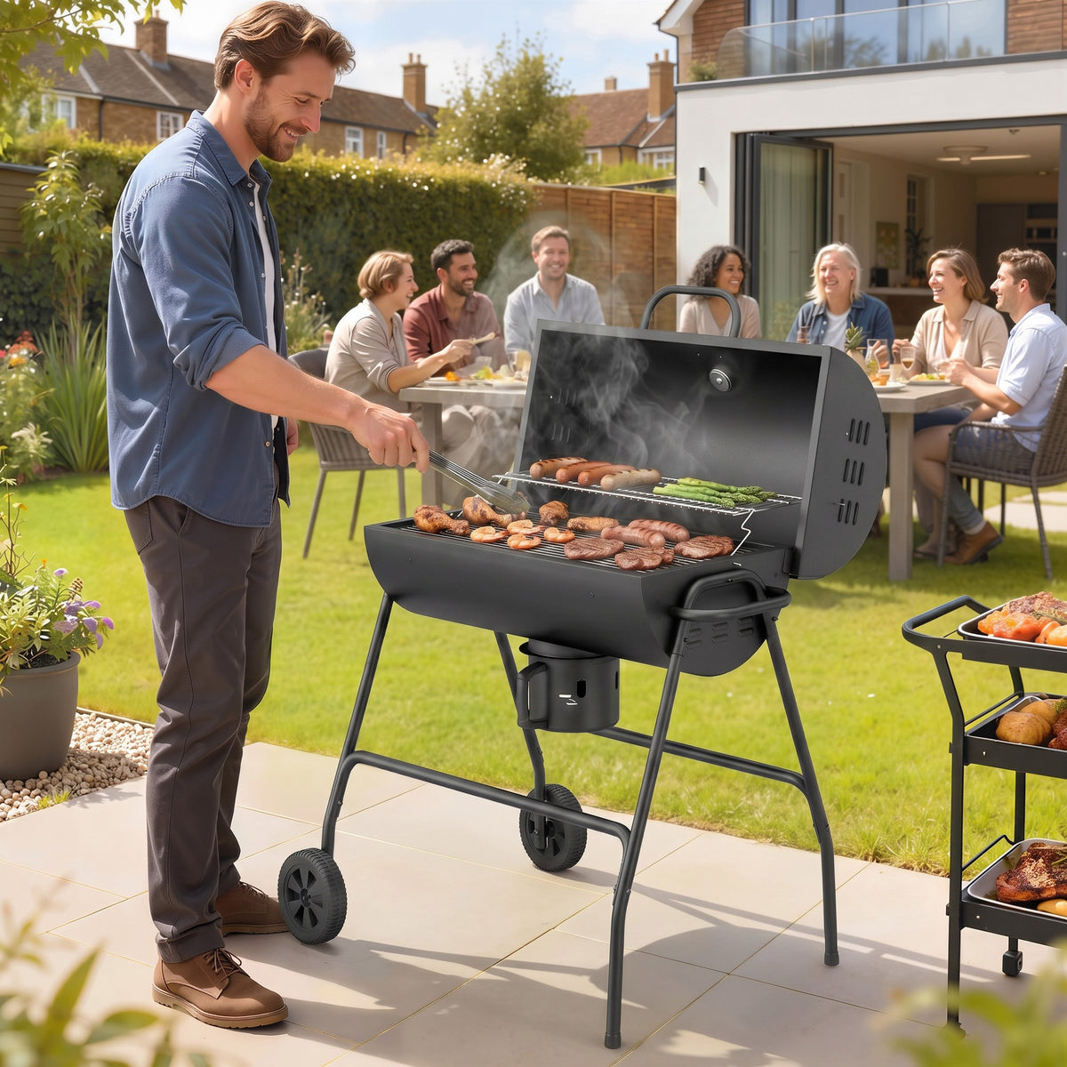 Outsunny Holzkohlegrill aus Metall BBQ Smoker mit Deckel Thermometer Räder Grillwagen 95x71,5x102 cm – Produktabbildung 2