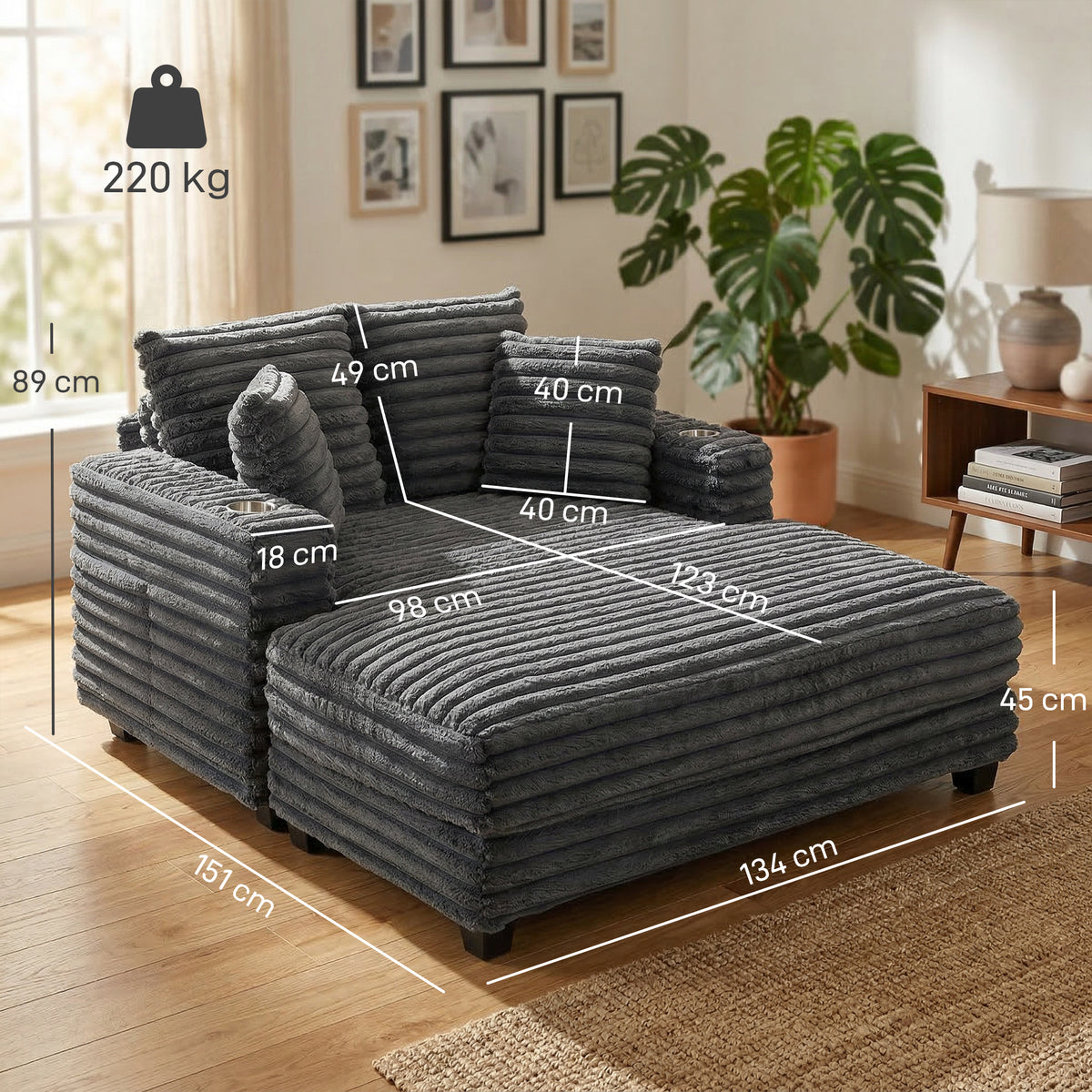 HOMCOM Chaiselongue 2 Sitzer Groß Schlafsofa 134 x 151 cm mit Becherhalter für Wohnzimmer, Grau – Produktabbildung 3
