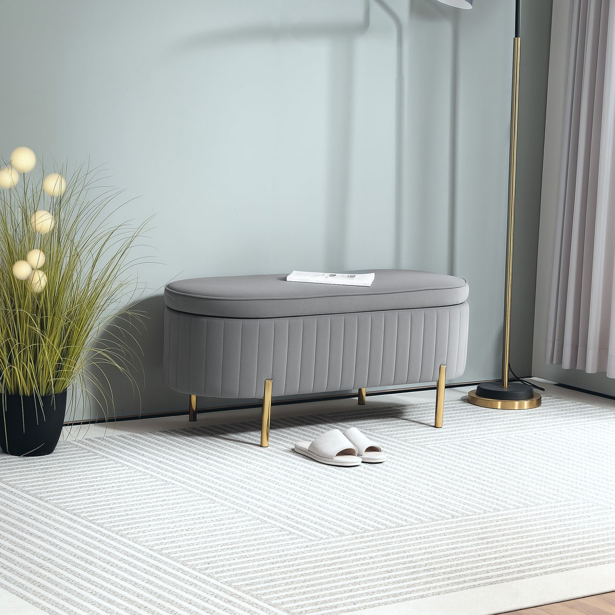 HOMCOM Sitzbank mit Klappdeckel und Stauraum, Stoffbezug, Holz, Metall, Grau+Goldfarben – Produktabbildung 2