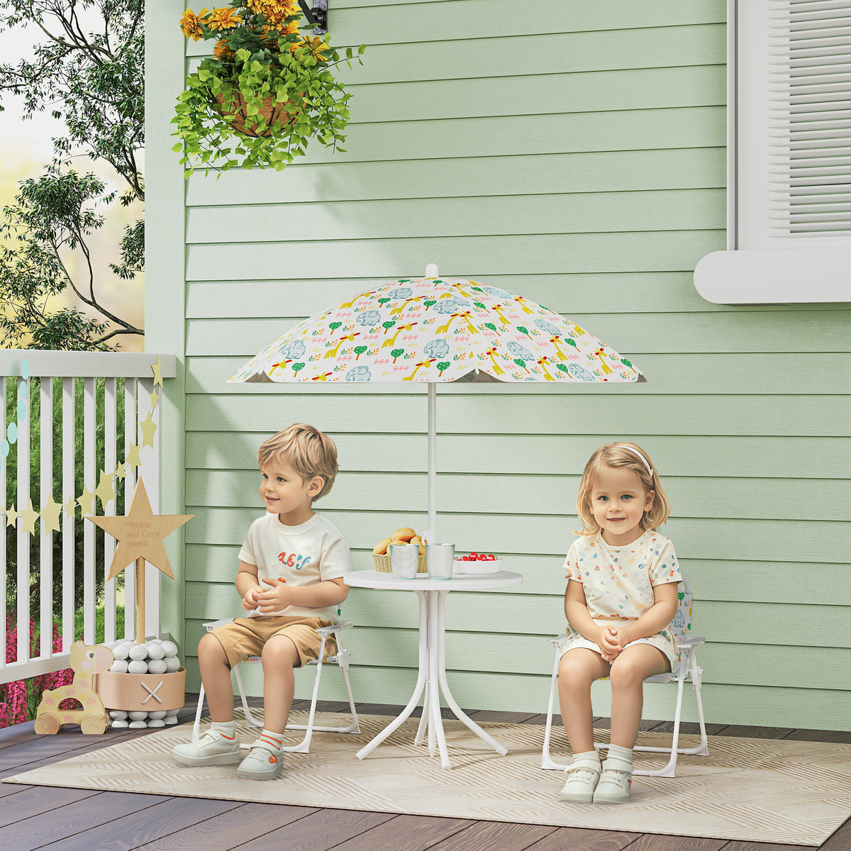Kinder-Sitzecke, Klappstuhl-Sitz-Set mit Sonnenschirm, Buntes Muster, Weiß – Produktabbildung 2