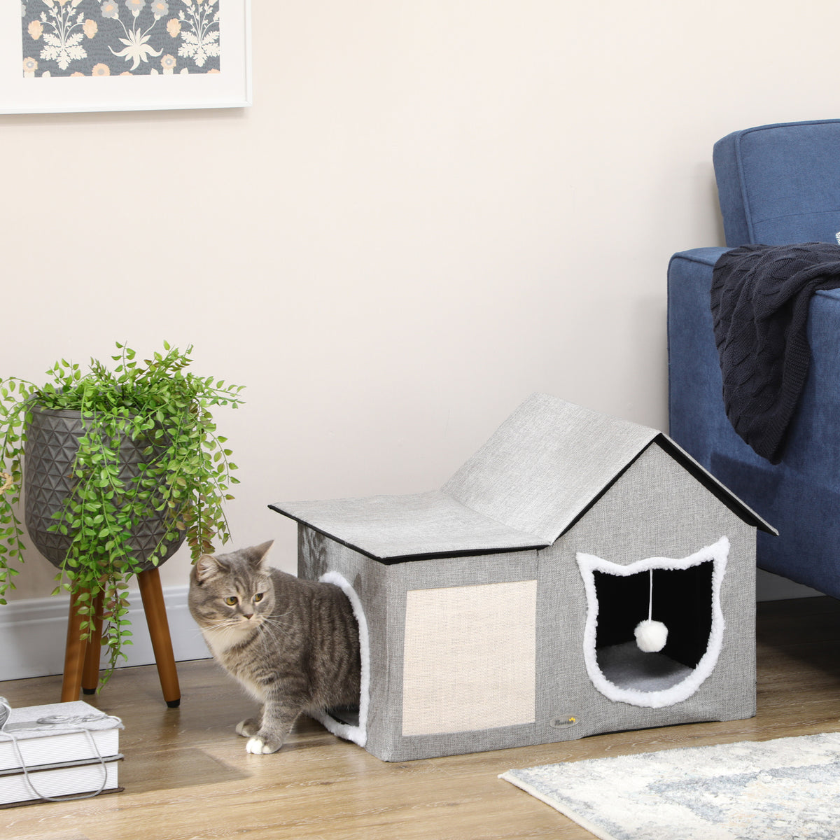 PawHut Katzenhaus mit Kratzfläche, inkl. Spielball, Katzenhöhle, 65 cm x 41 cm x 45.5H cm, Braun + Weiß – Produktabbildung 2