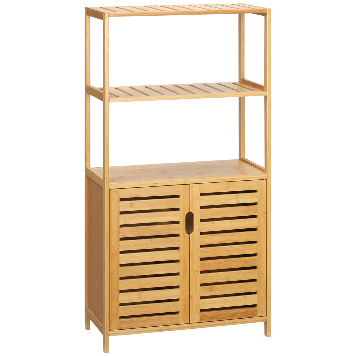 KleanKin Badezimmerschrank, Badezimmerkommode mit Lamellentüren, Badregal, Bambusholz, Naturholz