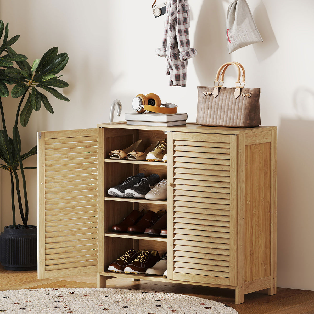 HOMCOM schmaler Schuhschrank, Rattan, schmal, hoch, Holz, kleine Schublade, dünn – Produktabbildung 2