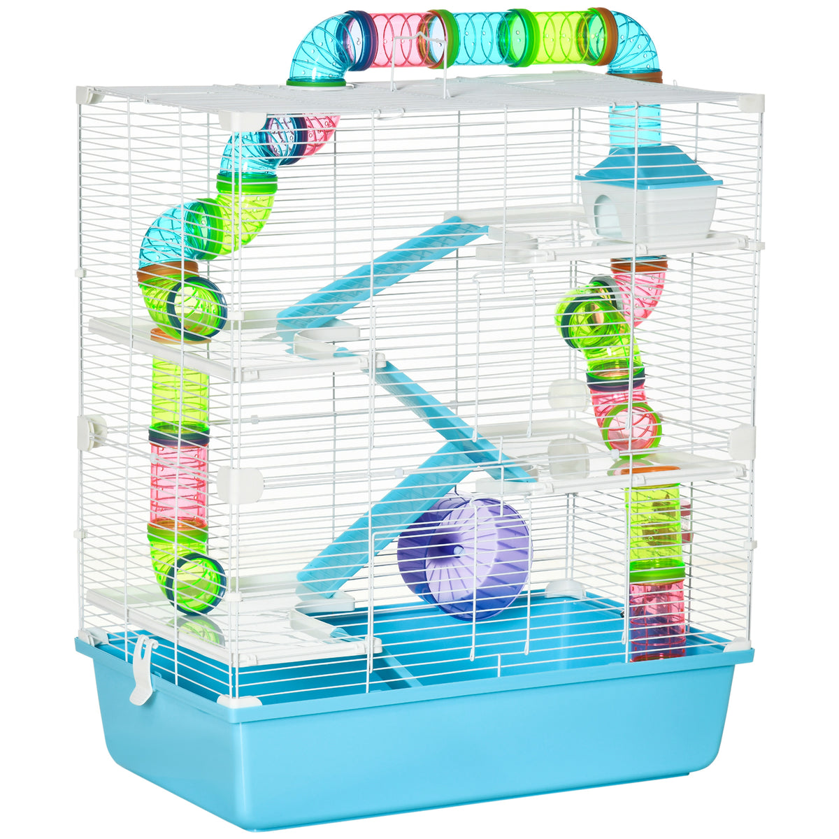 PawHut Hamsterkäfig 5 Etagen Nagerkäfig Kleintierkäfig aus Stahldraht mit Laufrad, Rampe, Trinkflasche