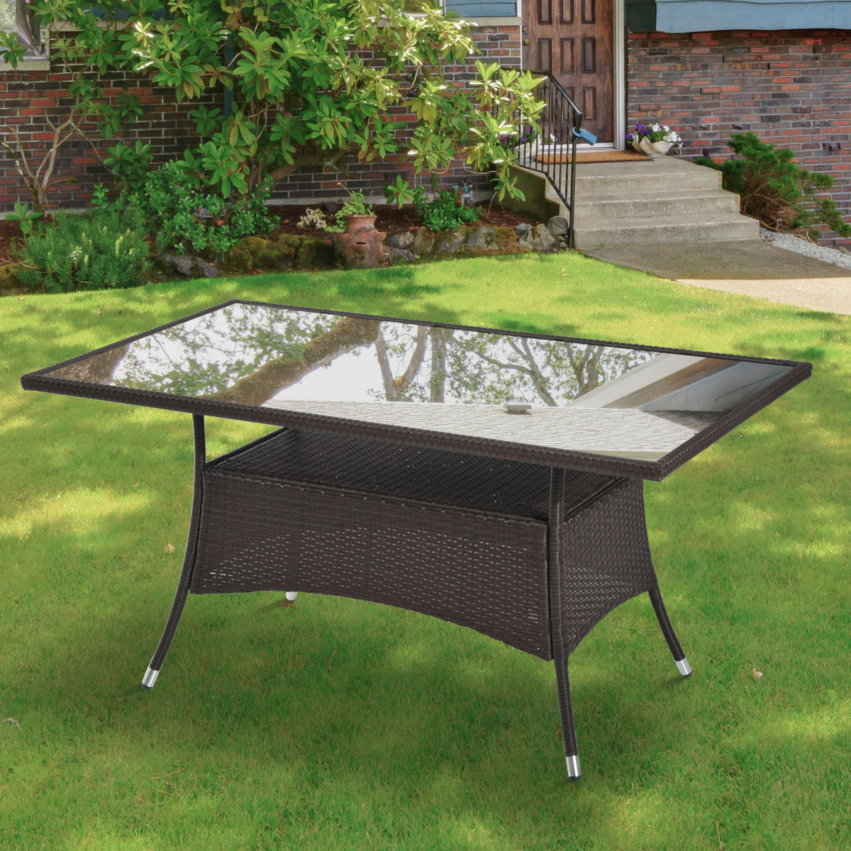 Outsunny Gartentisch Glastisch Esstisch Gartenmöbel Tisch, Polyrattan+Sicherheitsglas, Braun+Schwarz – Produktabbildung 2