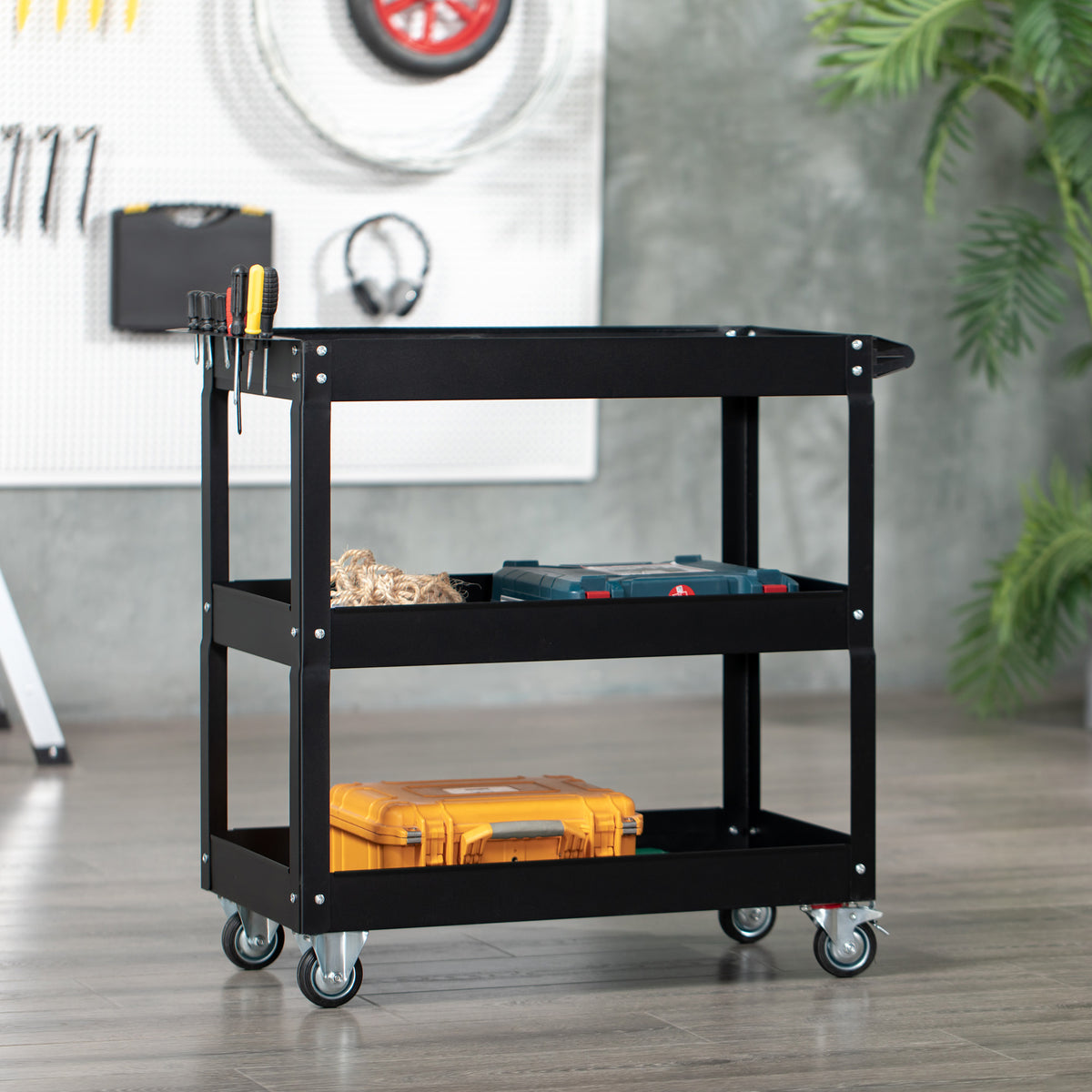 3-stufiger Werkzeugwagen, 4 Rollen, Stahl, 83B x 35,3T x 76H cm, Schwarz – Produktabbildung 2