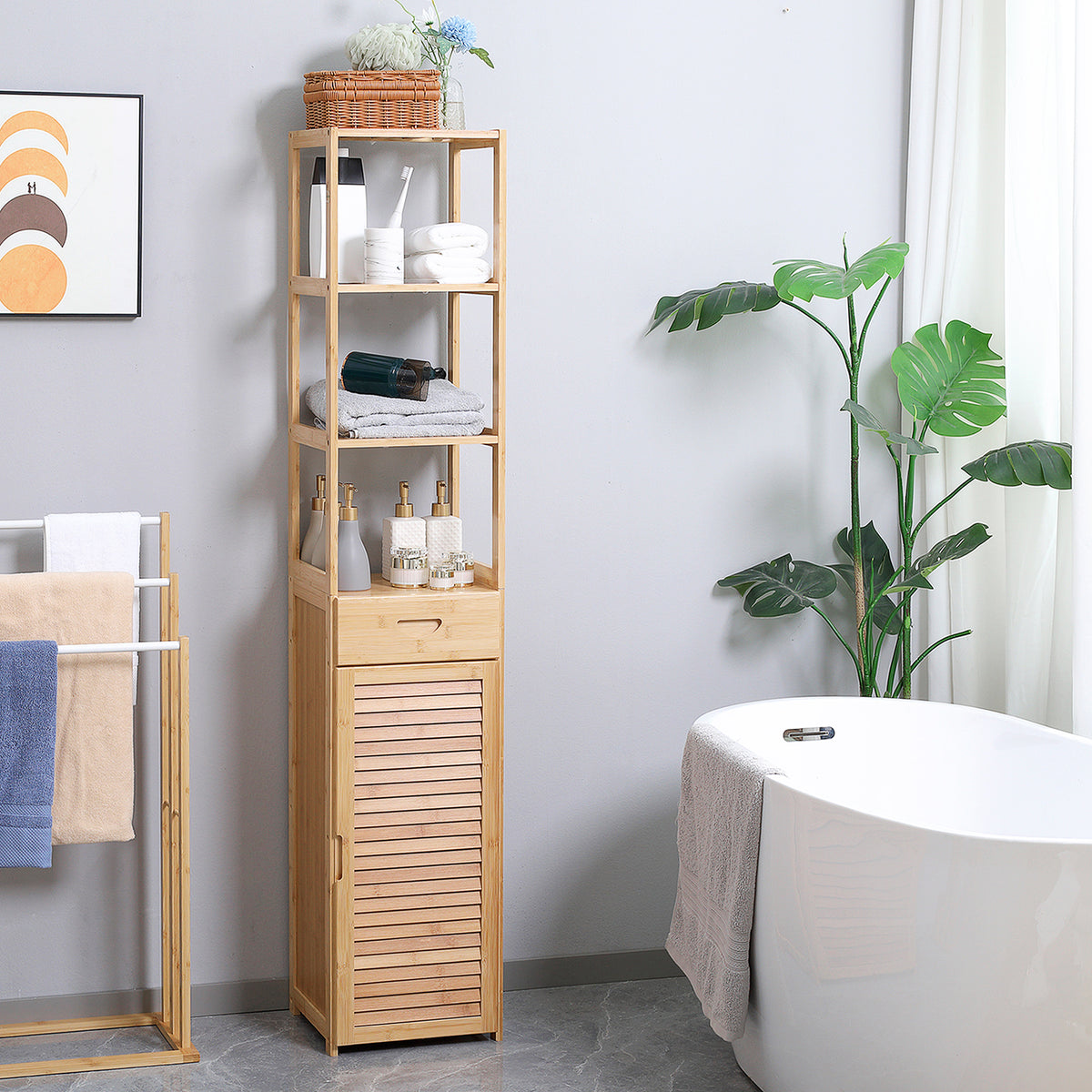 KleanKin Badezimmerregal, 3 offene Fächer, Schublade, Lamellentür, Bambus, 32 x 30 x 163 cm – Produktabbildung 2