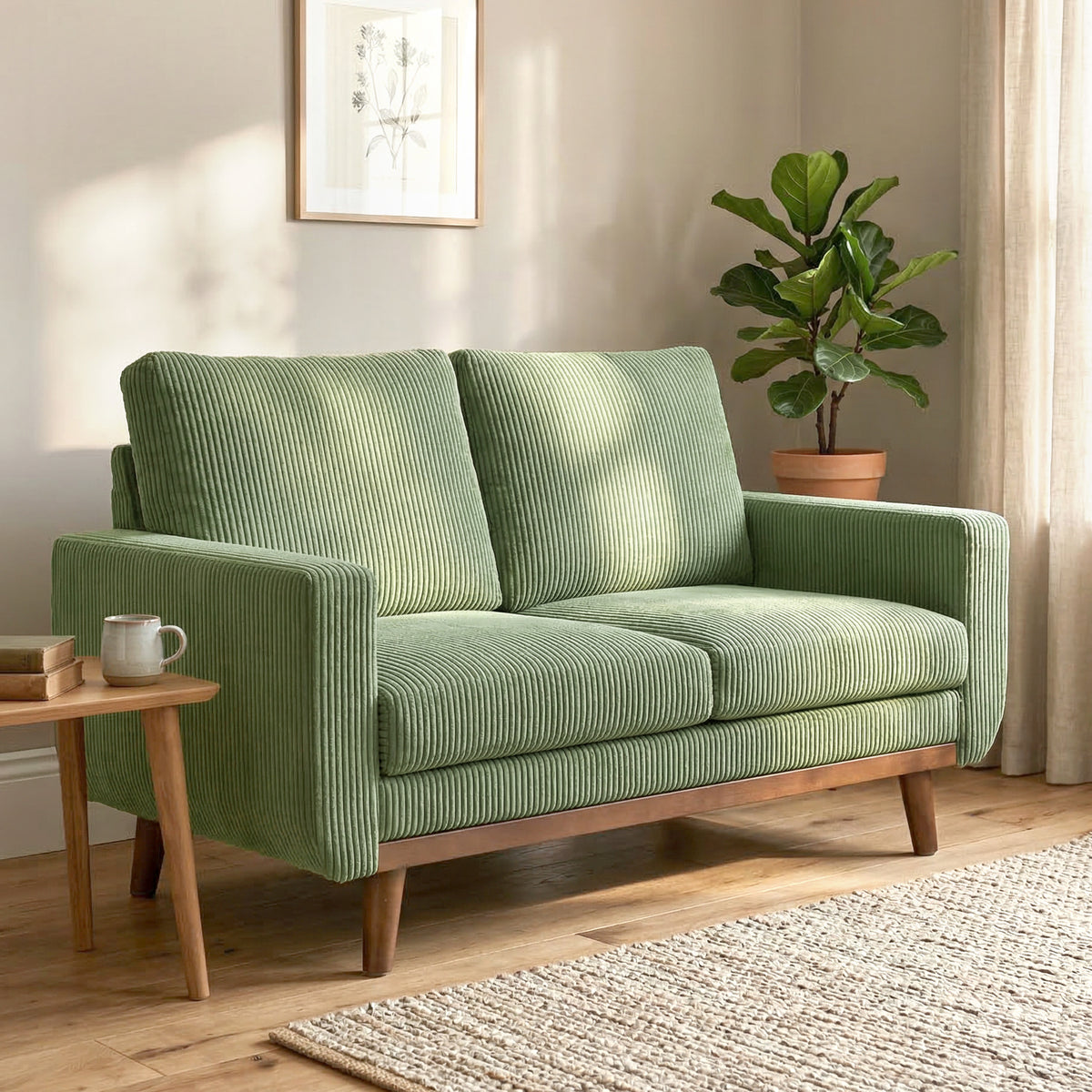 HOMCOM 2-Sitzer-Sofa, 134 cm Cord-Sofa mit Taschenfedern, dicker Rückenlehne, Holzlatten-Akzent, Grün – Produktabbildung 2