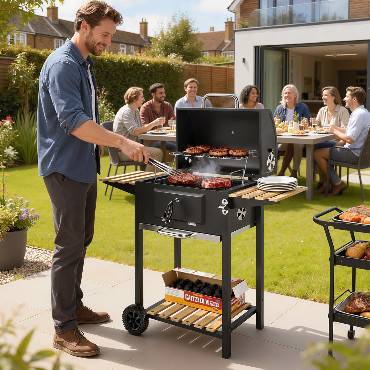 Outsunny Holzkohlegrill, höhenverstellbare Kohlenpfanne, Grillwagen, Regale, Thermometer, Flaschenöffner – Produktabbildung 2