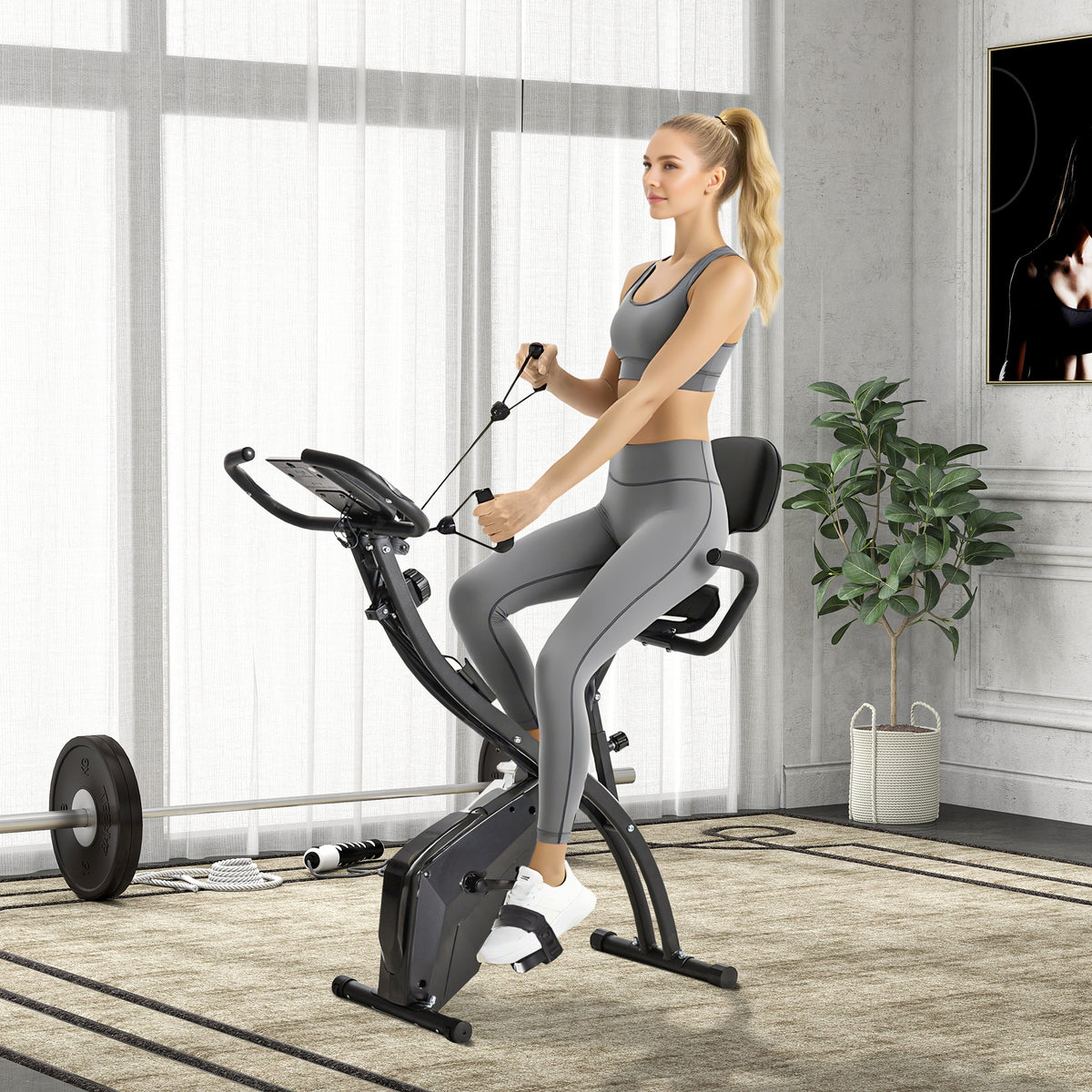 Heimtrainer 2-in-1 Fahrradtrainer mit LCD-Display Pulsmesser verstellbar Sitz Räder, klappbarer – Produktabbildung 2