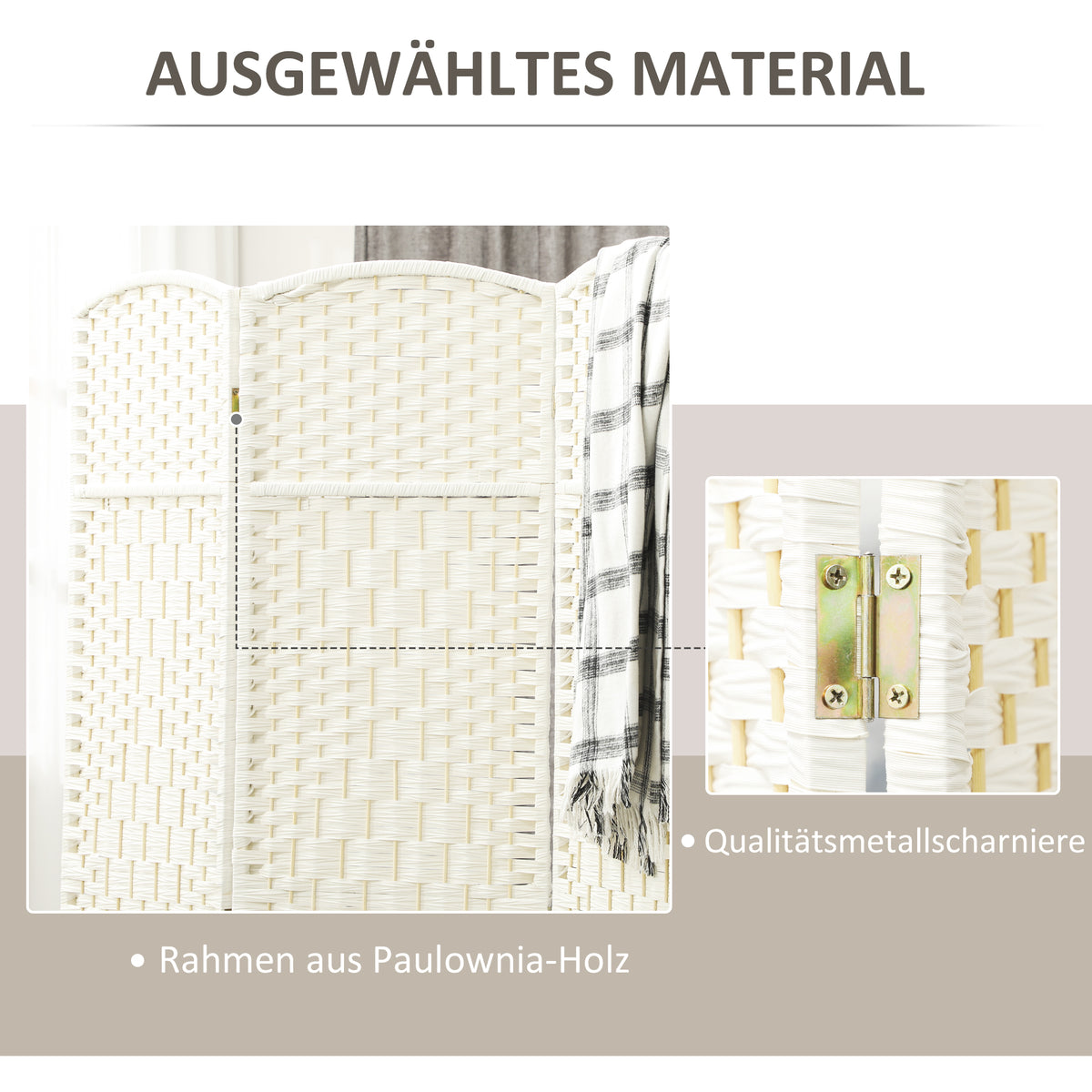 HOMCOM Raumteiler, 4-teilig faltbare Trennwand, Geflechtmuster, Kiefernholz, Weiß – Produktabbildung 6