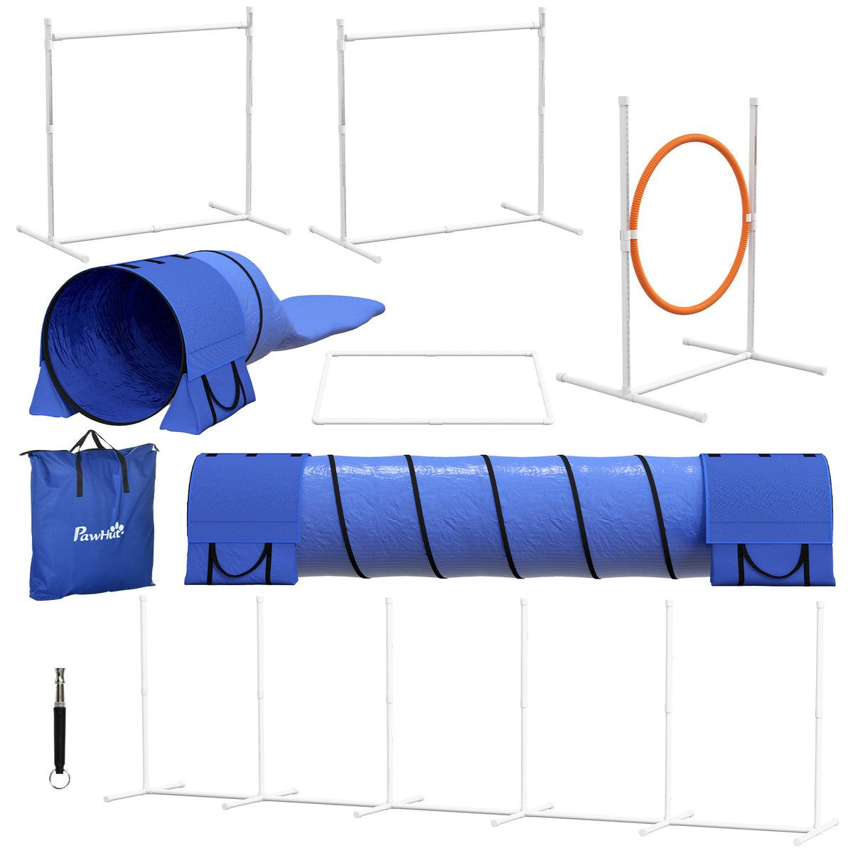 PawHut Hunde-Agiliy-Set Hundeparcours, 1 Reifen, 2 Tunnel 2 Hürden, 321 cm x 63c m x 93 cm, Blau + Rot+ Weiß