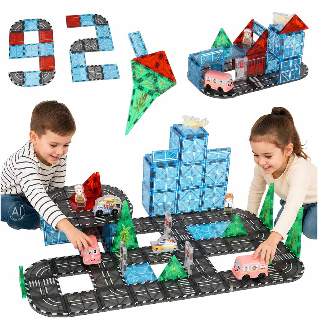 IKONKA 3D-Magnetbauklötze „Stadt und Autos“, 91 Teile
