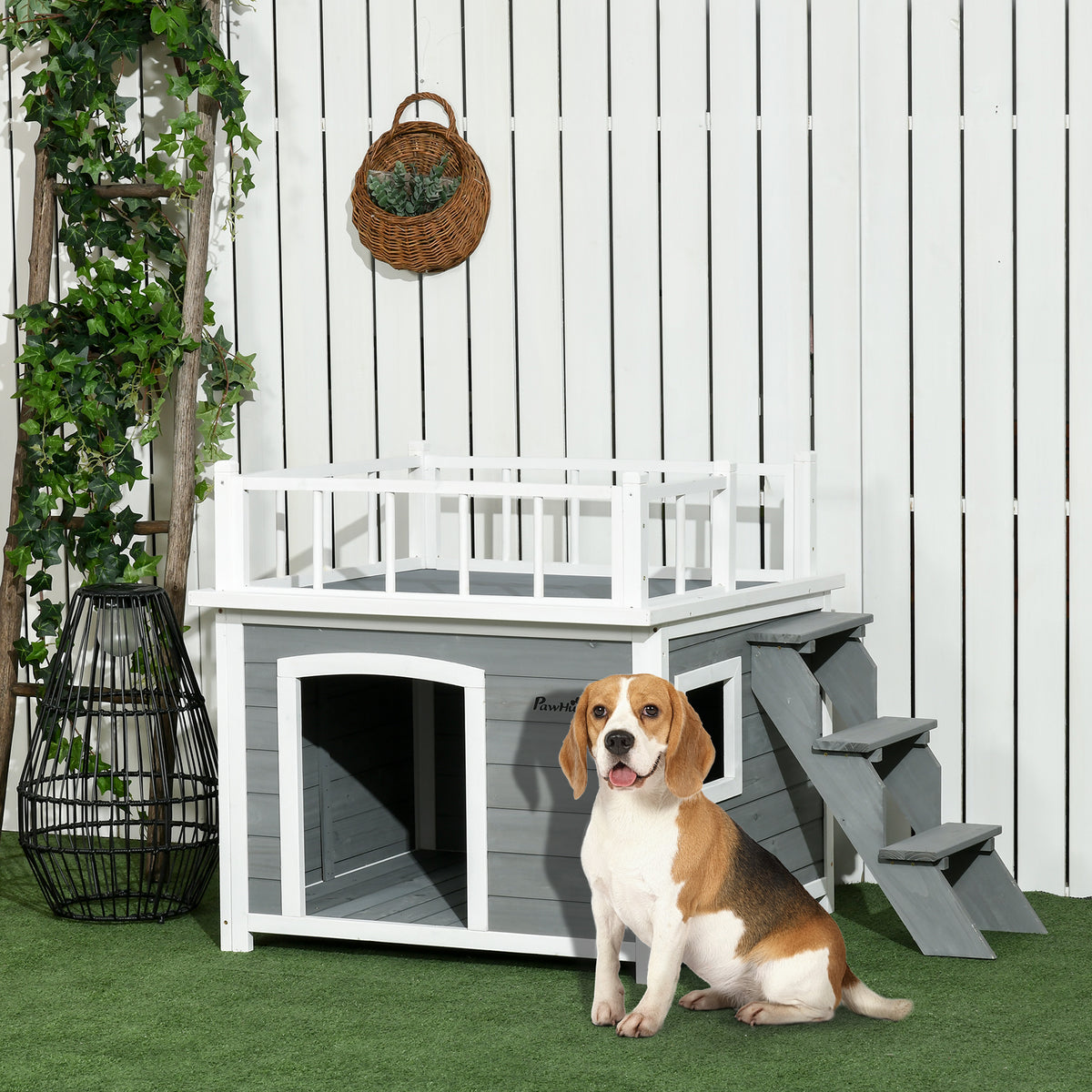 PawHut Hundehütte, Dachterrasse, Treppe, Fenster, Bodenabstand, Naturholz, hellgrau, 121 x 77 x 78cm – Produktabbildung 2