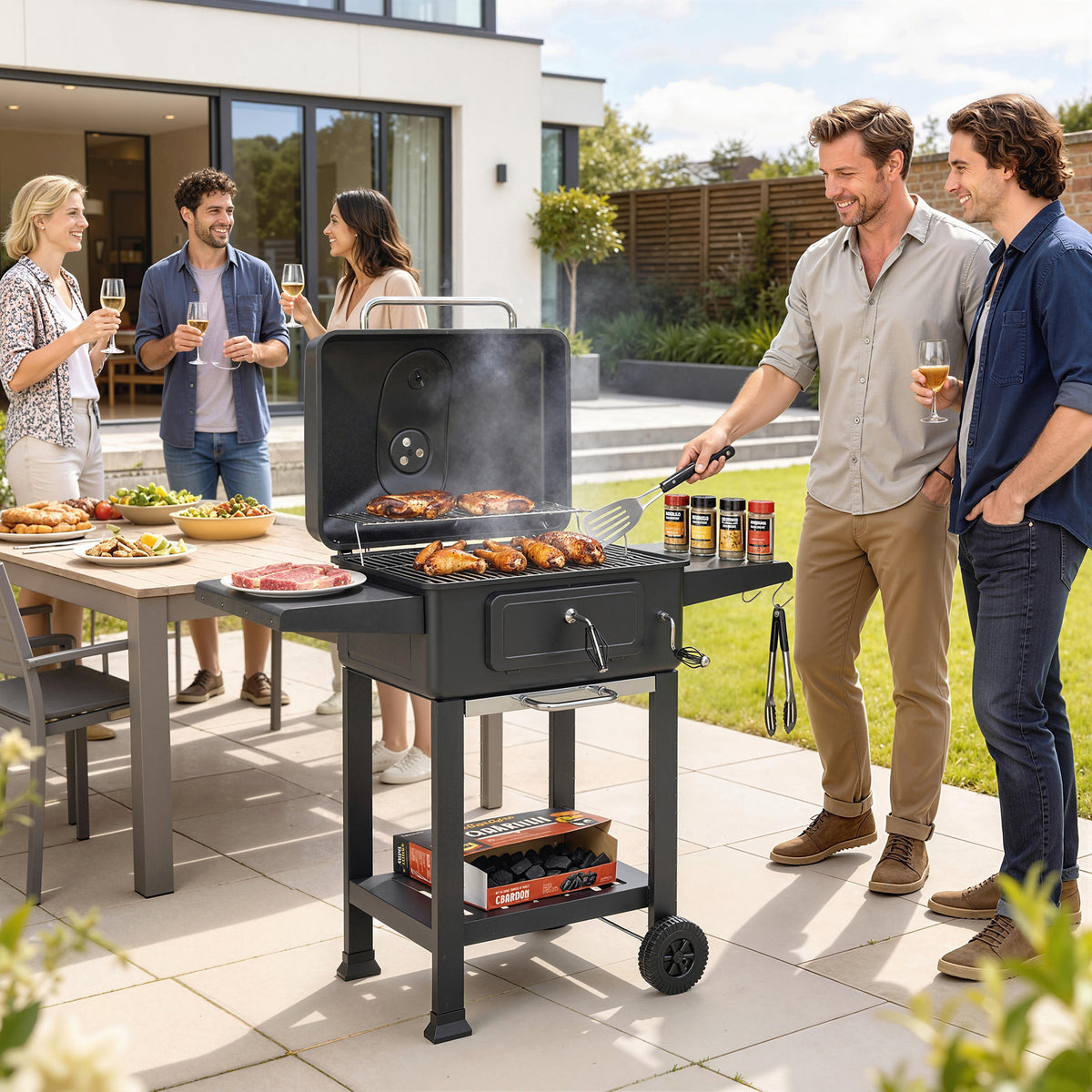 Outsunny Holzkohlegrill BBQ Smoker mit Deckel Thermometer höhenverstellbar Kohlepfanne Grillrost – Produktabbildung 2