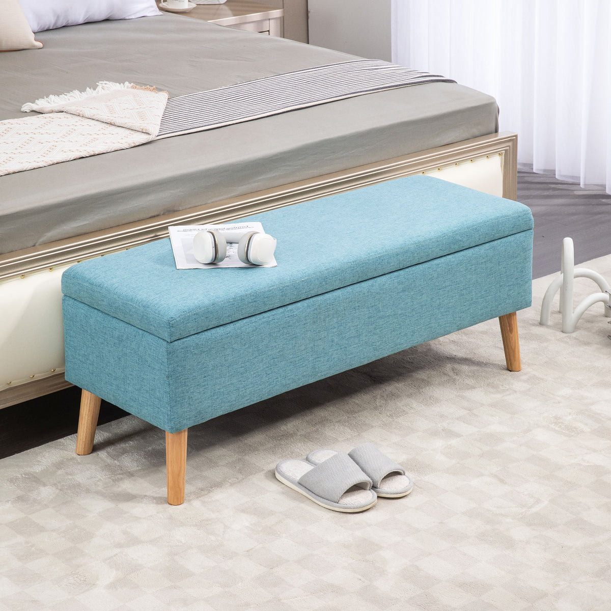 HOMCOM Sitzbank mit Stauraum, bis 220 kg, Leinenoptik, 110x39x45cm, Blau – Produktabbildung 2