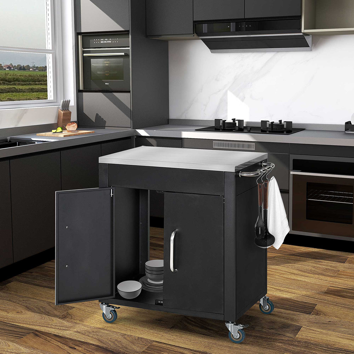 HOMCOM Küchenwagen mit Rollen, Servierwagen, Rollwagen mit Schrank, Haken und Edelstahlgriffe – Produktabbildung 2