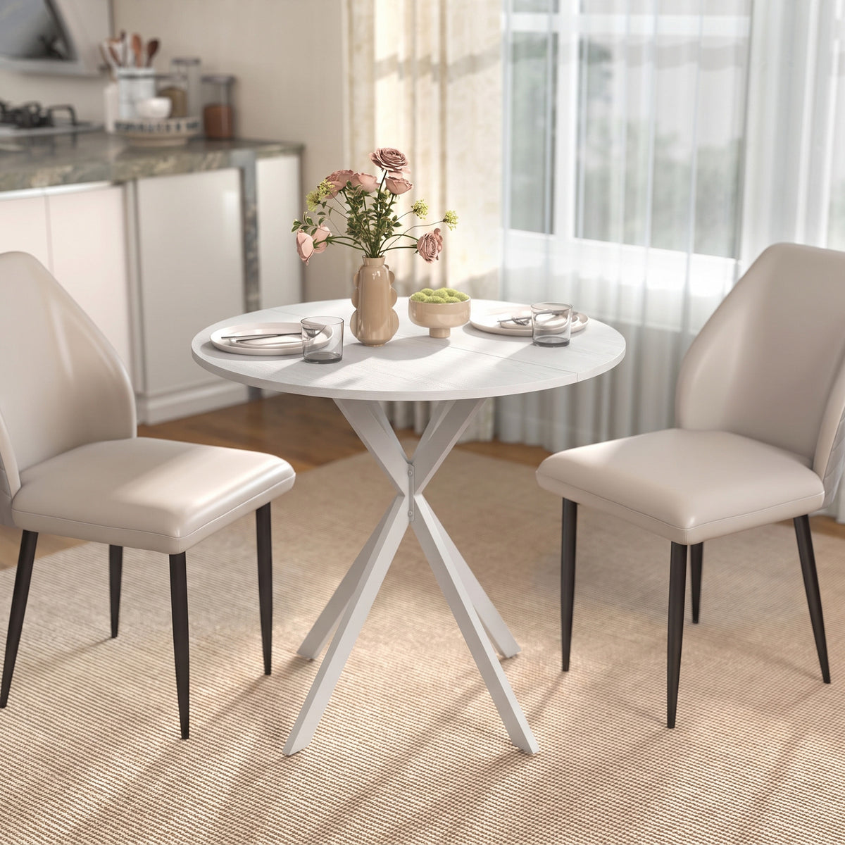 HOMCOM Runder Küchentisch, 80 cm, kompakte Tischplatte, Spanplatte, Metall, Weiß – Produktabbildung 2