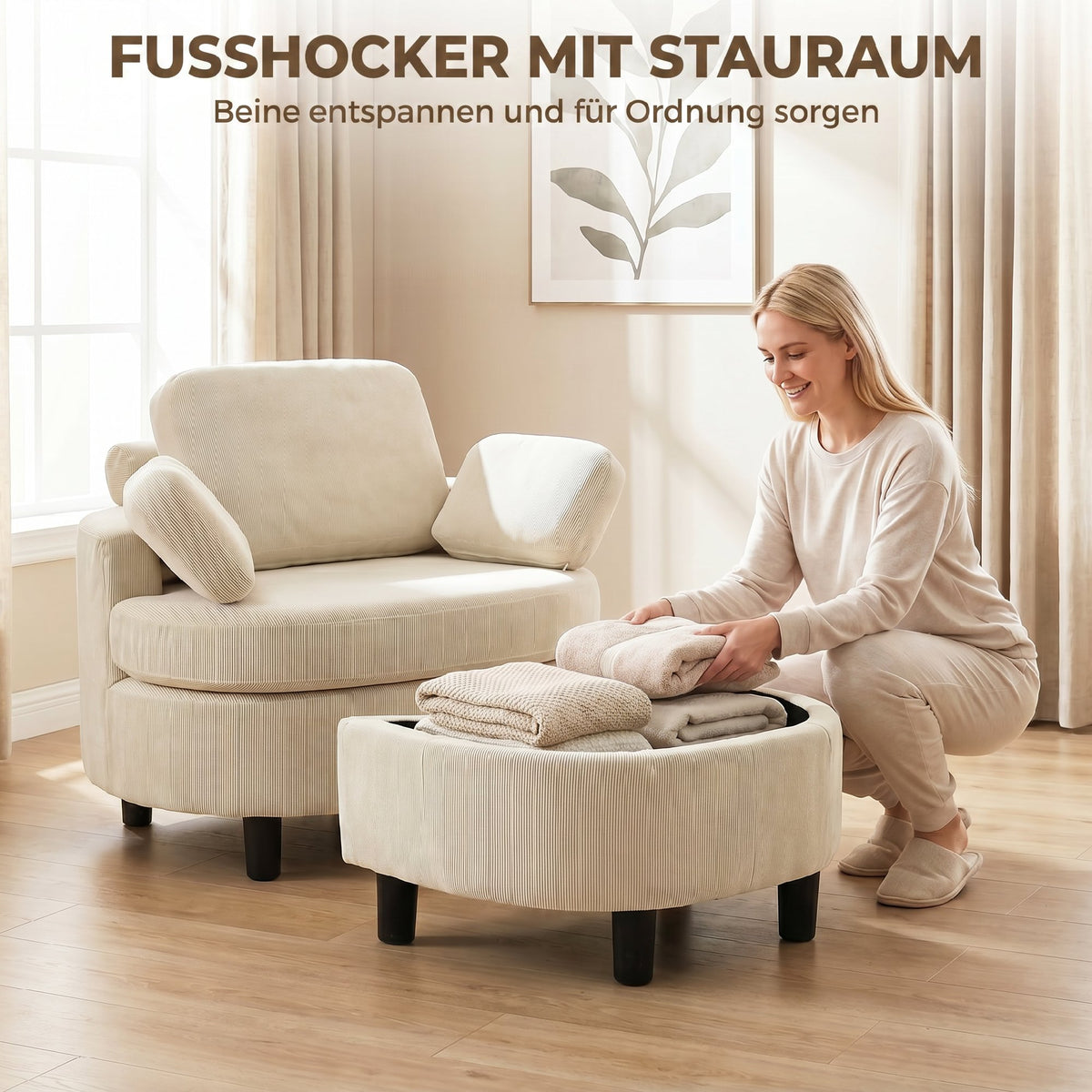 HOMCOM Sessel mit Aufbewahrungshocker, Cord Bezug, Rundum-Lesesessel mit Verstellbarer Kopfstütze – Produktabbildung 5