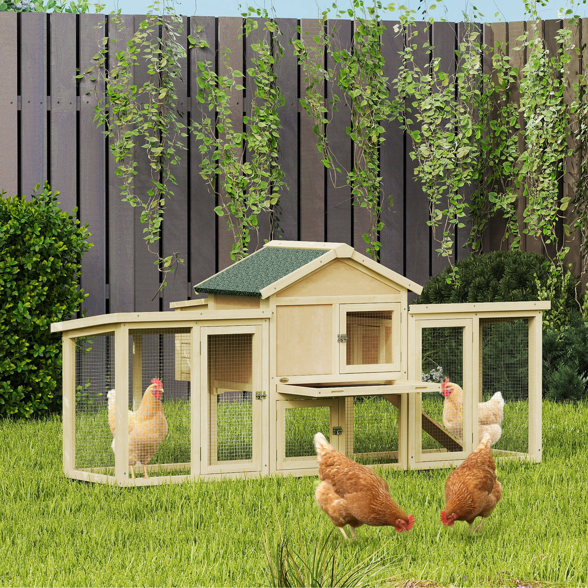 PawHut Hühnerstall Hühnerhaus aus Holz mit Nistkasten, wasserdichtem Dach, Sitzstange, Auslauf, Rampe – Produktabbildung 2