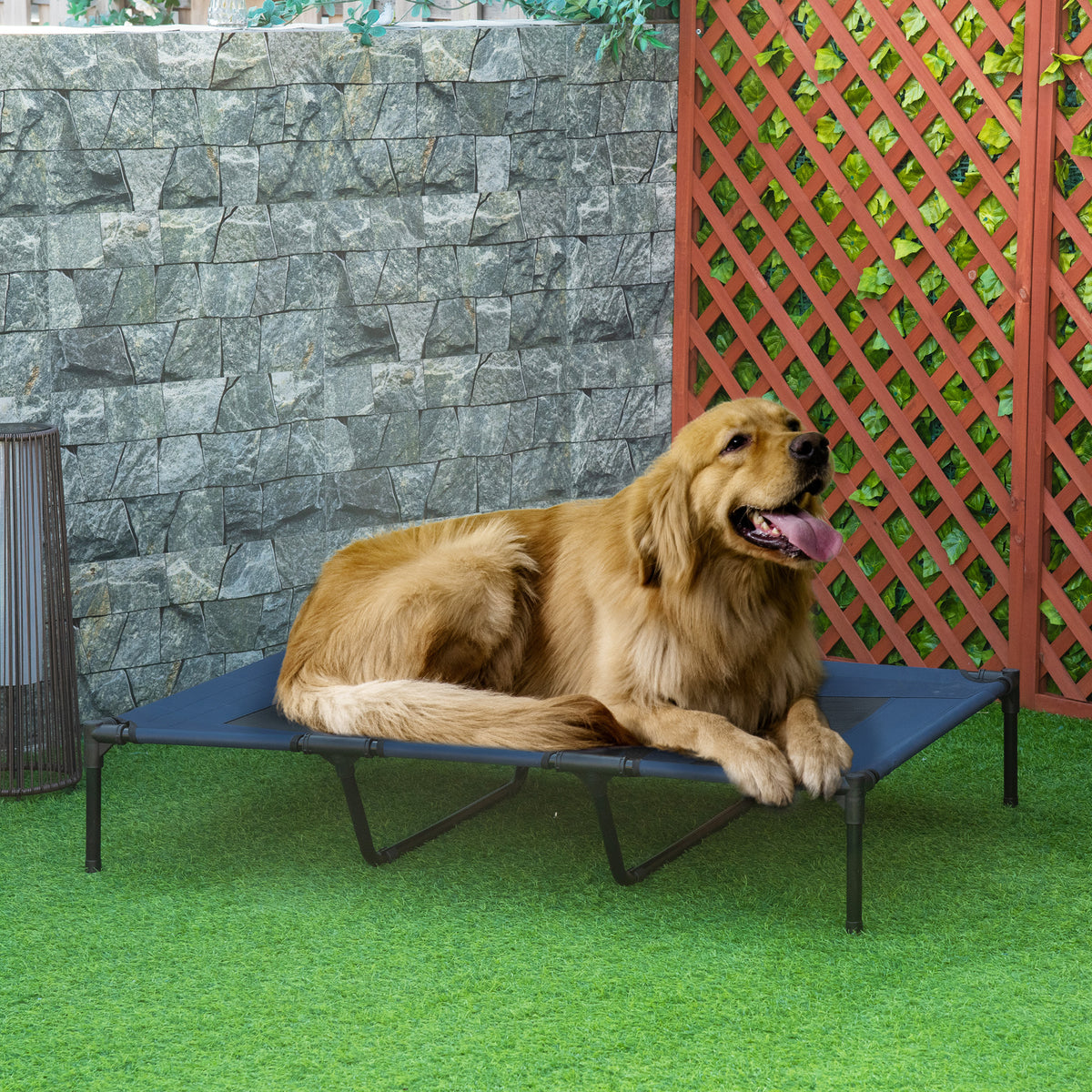 PawHut Hundebett, faltbar, Outdoor-Hundebett, erhöhter Stand, 122 cm x 92 cm x 23 cm, Blau + Schwarz – Produktabbildung 2
