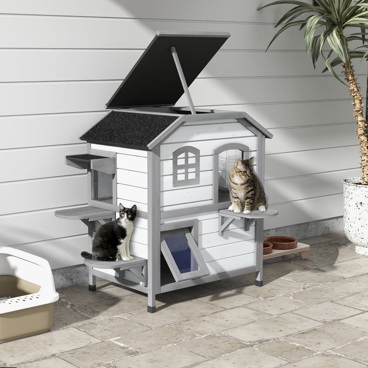 PawHut Katzenhaus Katzenhütte Katzenhöhle, 2 Stockwerke, wetterbeständig, 99,5 cm x 76 cm x 91 cm, Weiß – Produktabbildung 2