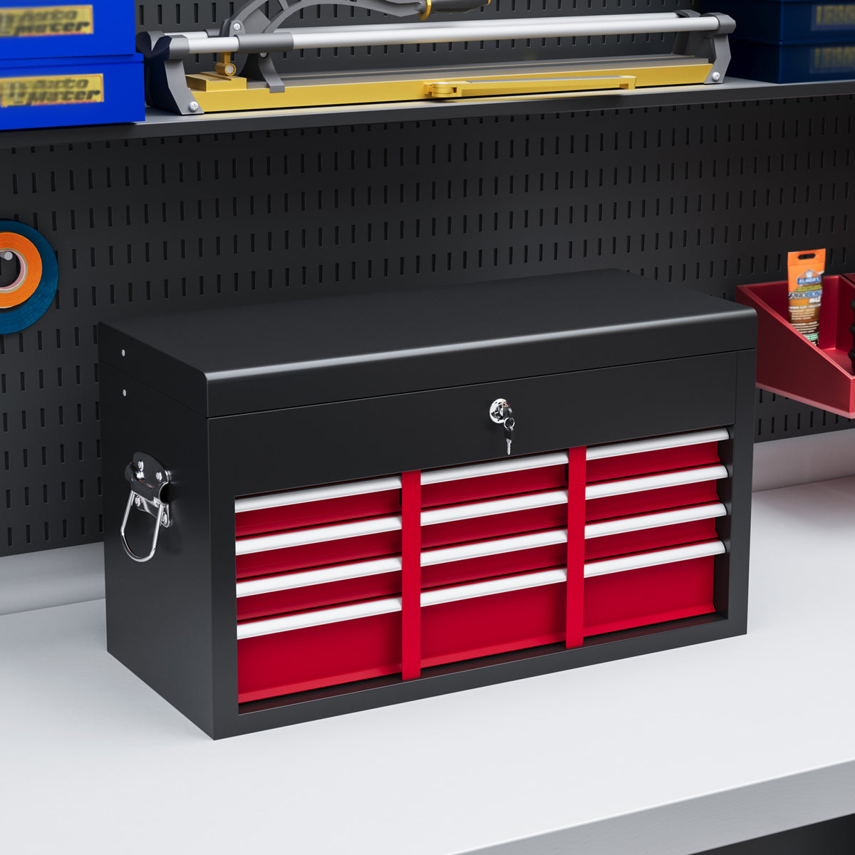 HOMCOM Werkzeugkiste, abschließbar, 3 Schubladen, Stahlgehäuse, 60x26x34cm, Rot+Schwarz – Produktabbildung 2