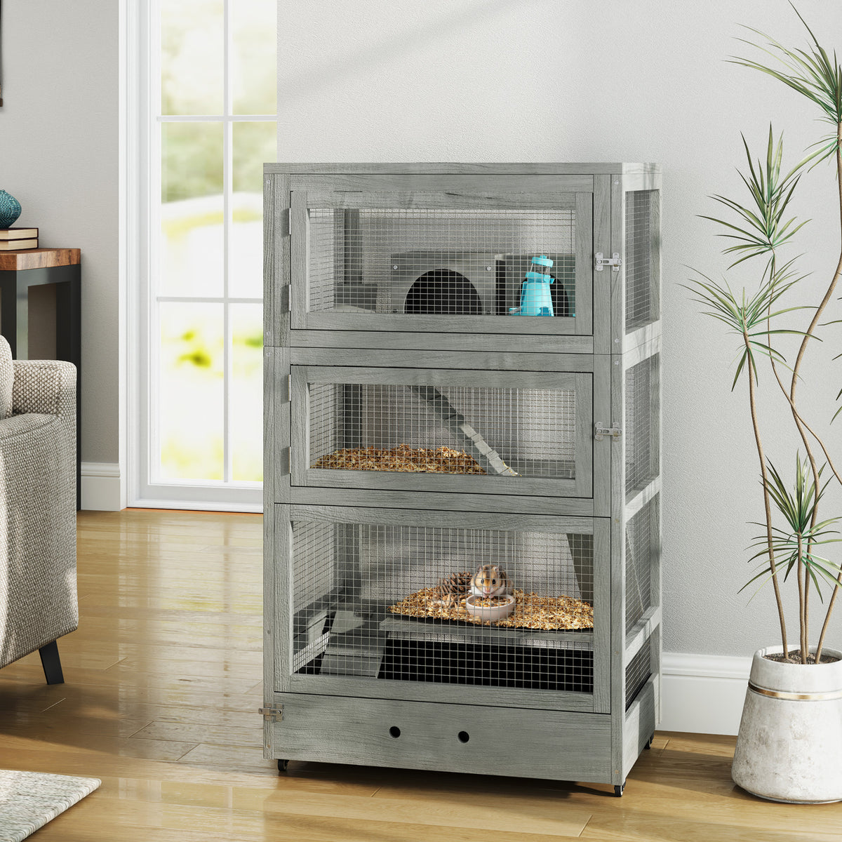 PawHut 4-stufiger Hamsterkäfig aus Holz, mit Hütten, Wippe, Futterschalen, Rampen, Rollen, 65 x 45 x 109 – Produktabbildung 2
