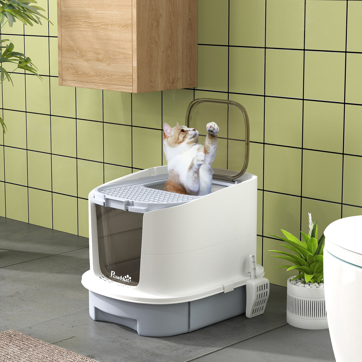 PawHut Katzenklo mit Deckel Obenliegender Eingang Schaufel ausziehbares Tablett für Katzen bis 4,5 kg – Produktabbildung 10