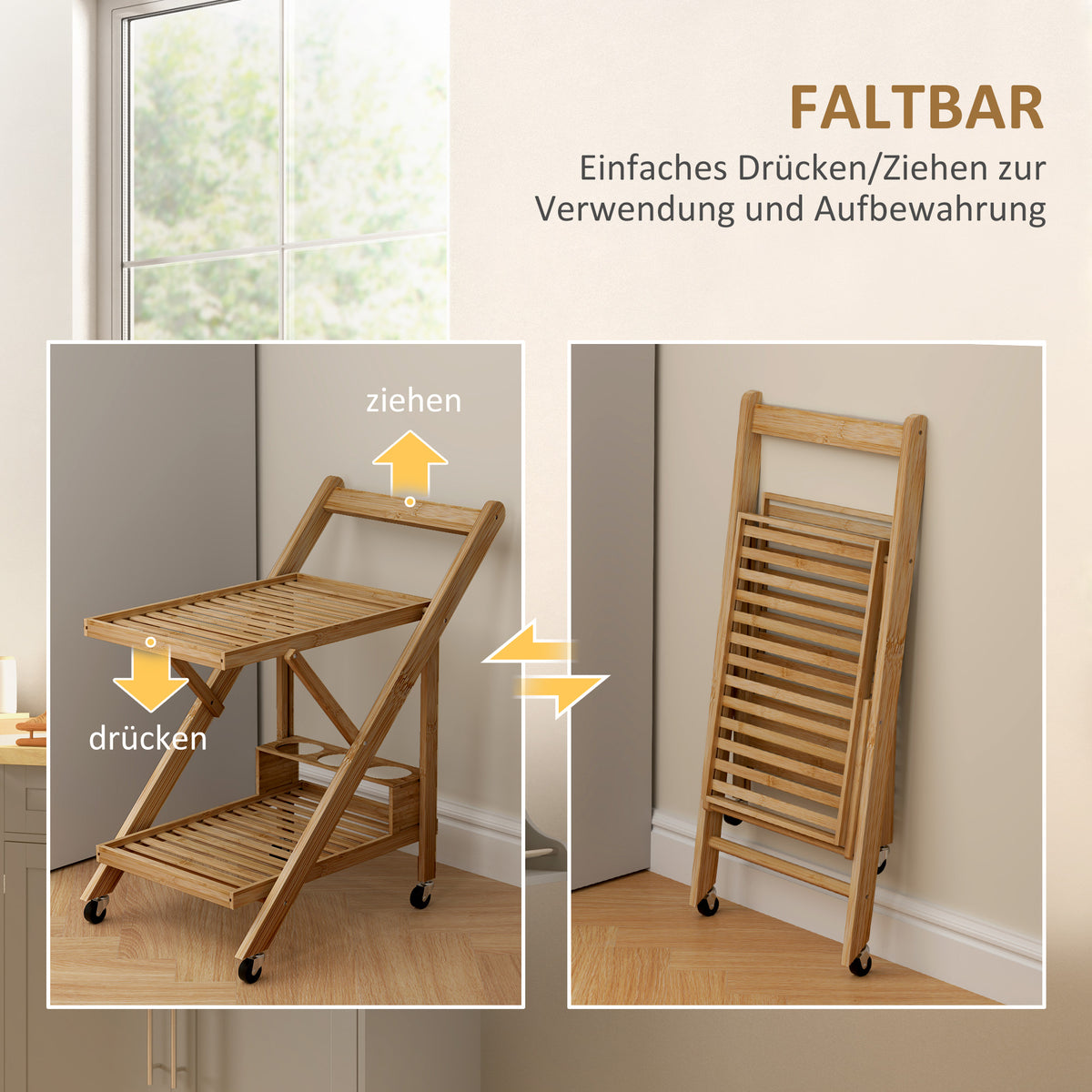 HOMCOM Küchenwagen auf Rädern, Servierwagen mit 3 Weinregalen, 2 Tabletts, für Küche, Esszimmer – Produktabbildung 5