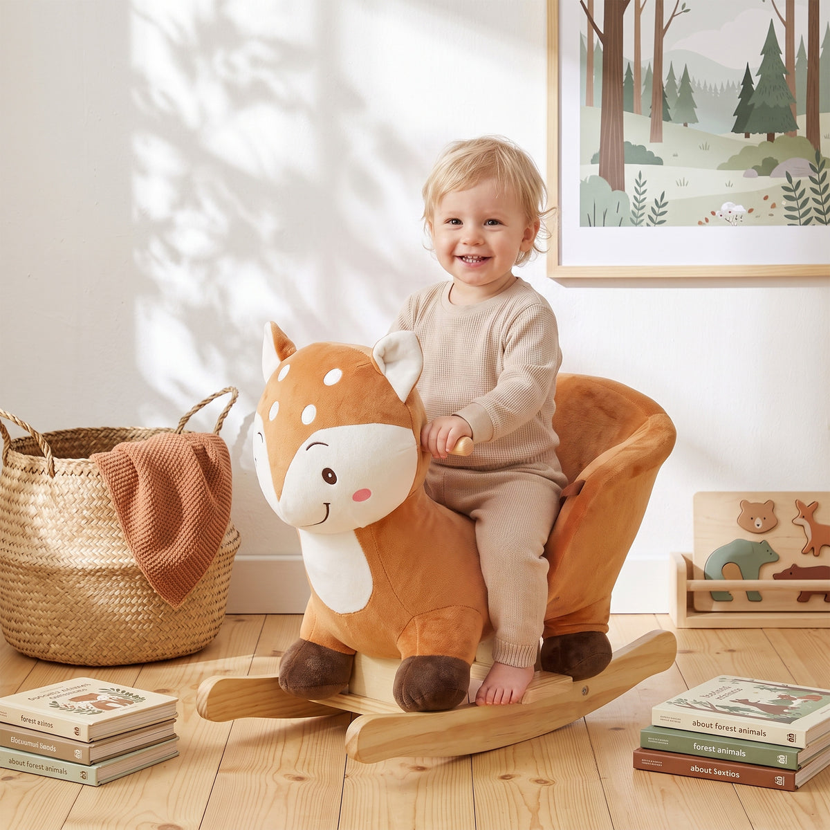 Schaukelpferd im Hirsch-Design, stabiles Plüsch-Schaukelpferd mit Tiergeräuschen, Sicherheitsgurt und – Produktabbildung 2